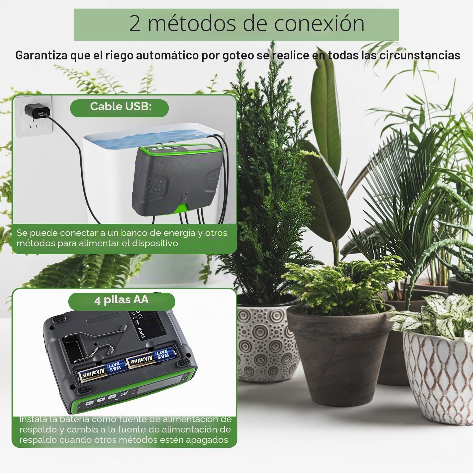 Sistema automático de riego de jardín, sincronización inteligente de doble bomba, puede regar 20 plantas, con tubería de agua de 15 m, ideal para vacaciones
