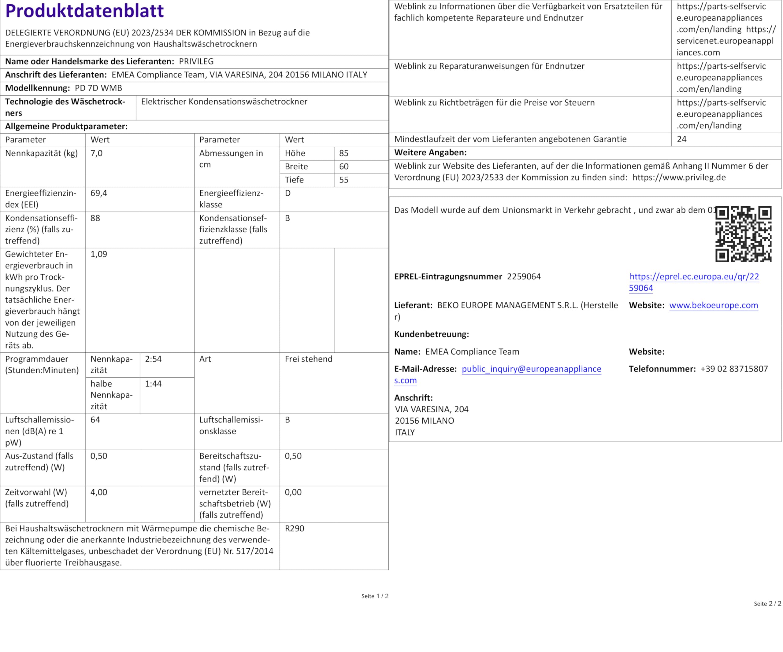 Privileg PD 7D WMB Trockner - Trocknen 7 kg - Knitterschutz - 15 elektronisch gesteuerte Trockenprogramme