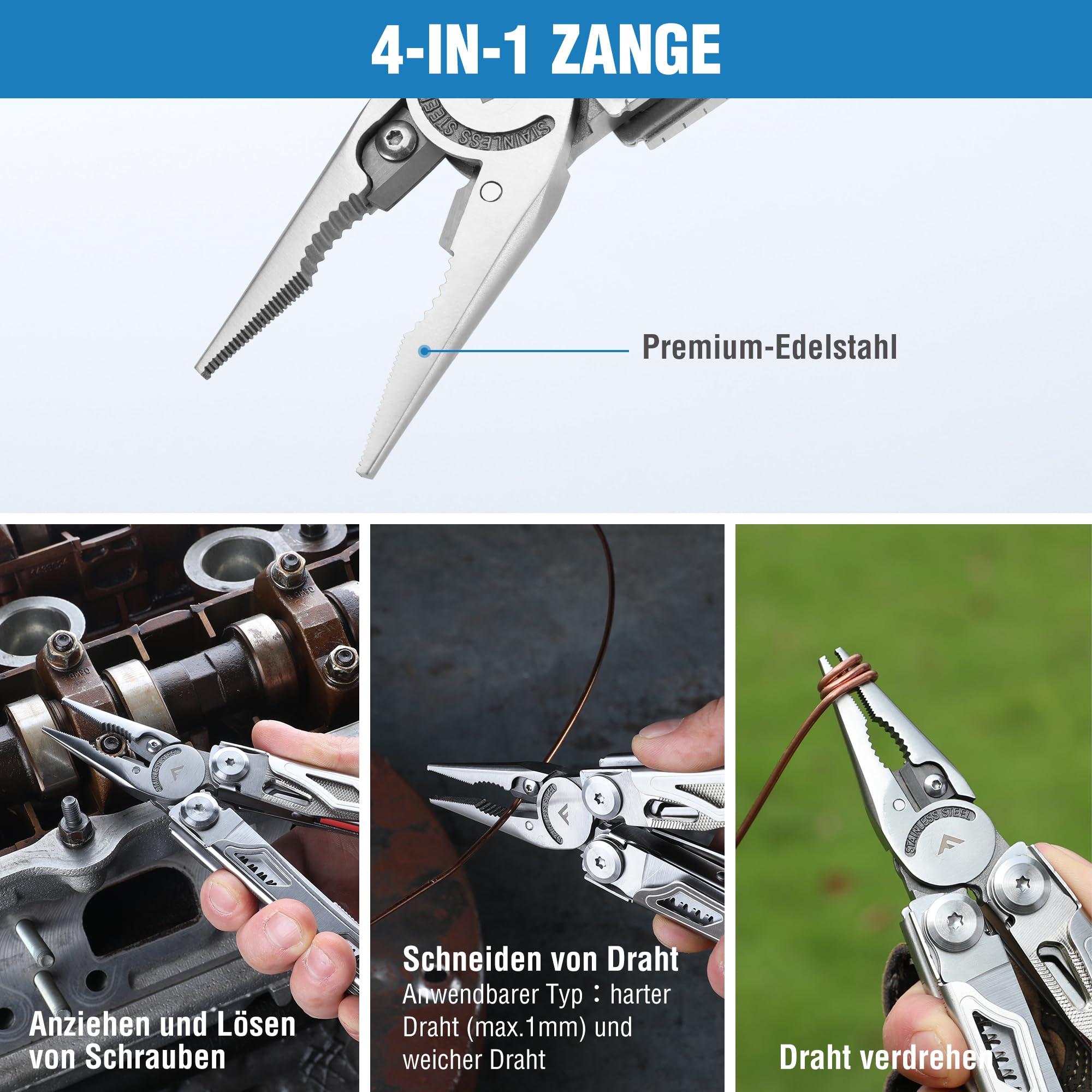 FLISSA Multifunktionszange 19-in-1, Multitool mit Glasbrecher und Feuerstarter, faltbares Multifunktionswerkzeug für Geschenke, multifunktionale Zange für Camping, mit Tragetasche, Edelstahlfarbe