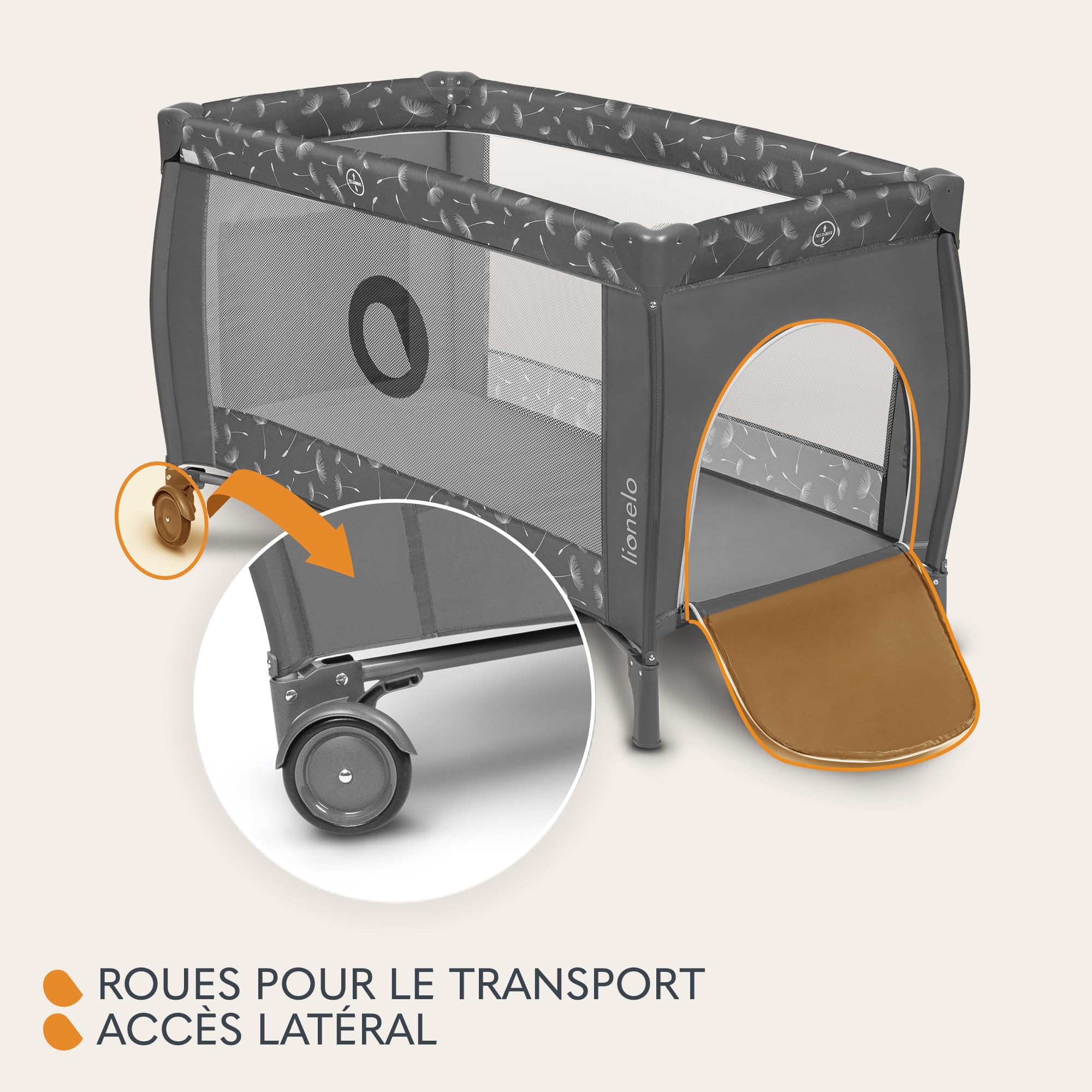 lionelo Sven Plus boîte 2 en 1 lit bébé, Table à Langer, Jouets, baldaquin Suspendu avec moustiquaire, entrée latérale supplémentaire Rouleaux, Mobiles