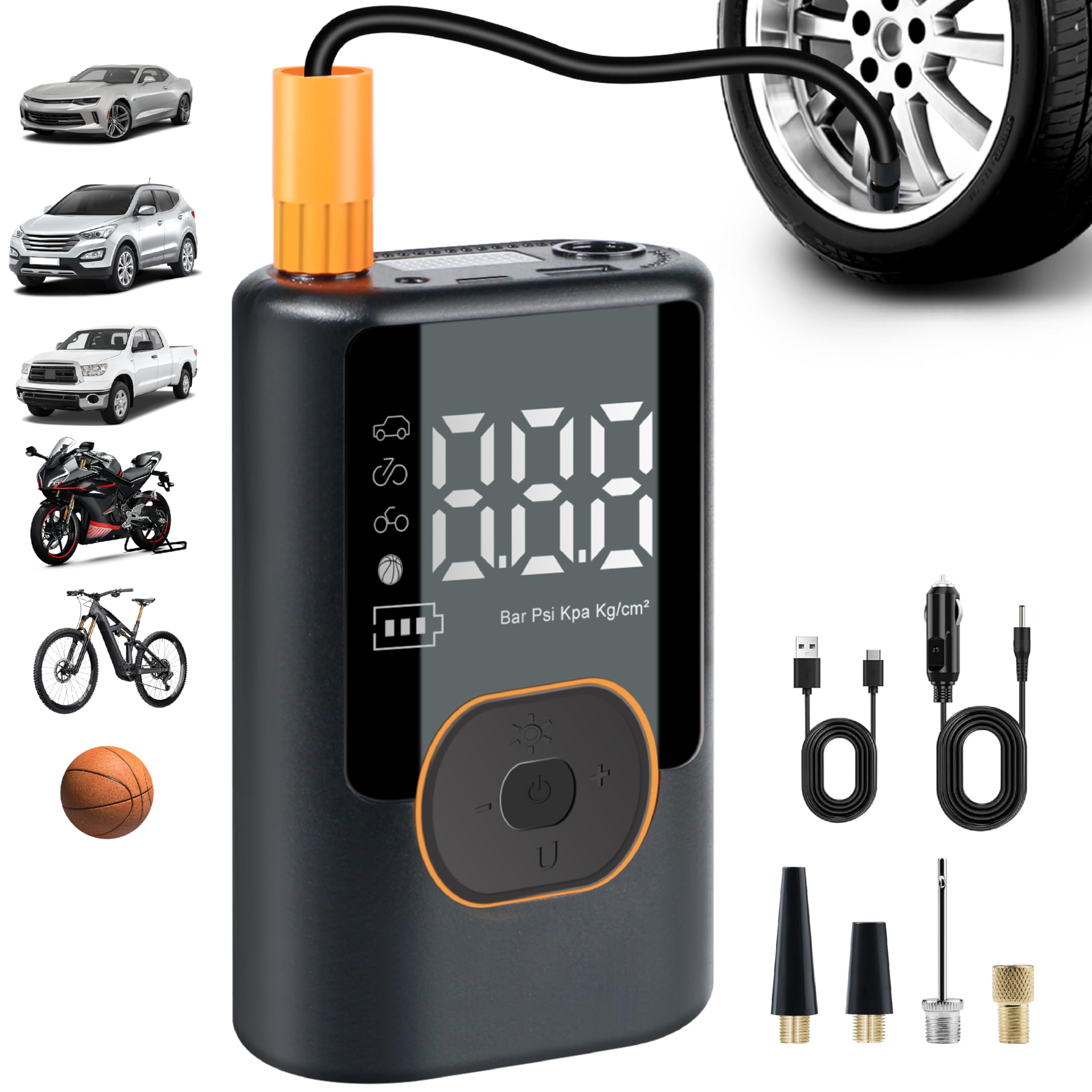 Inflador de neumáticos portátil compresor de aire 150 PSI, bomba de aire inalámbrica para neumáticos de coche, motocicleta, bicicleta, bolas con manómetro, luz LED, apagado automático