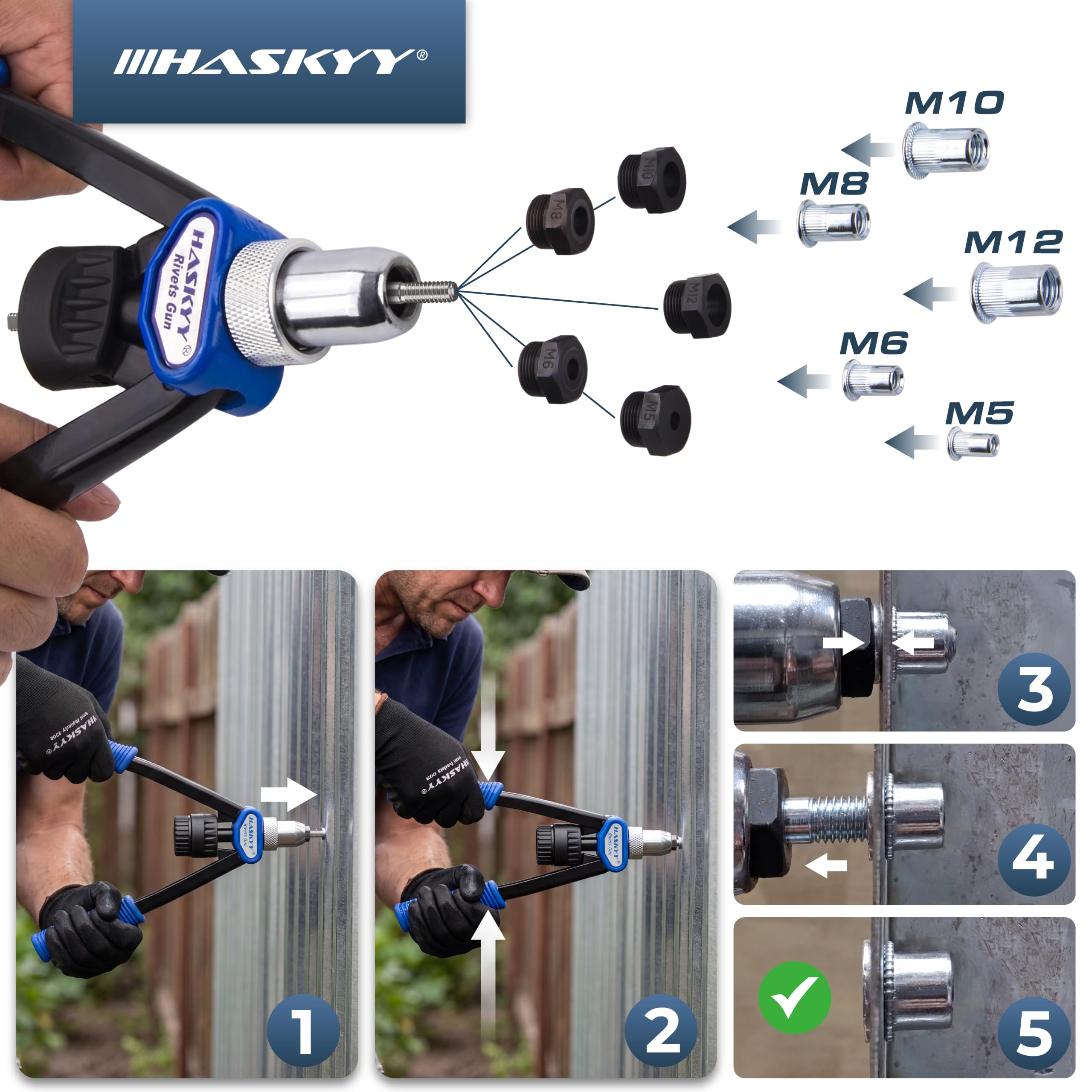 HASKYY Kit profesional de remachadora para tuercas remachables (Rivnut) + 150 tuercas de acero -M5/M6/M8/M10/M12 (30 uds cada medida)