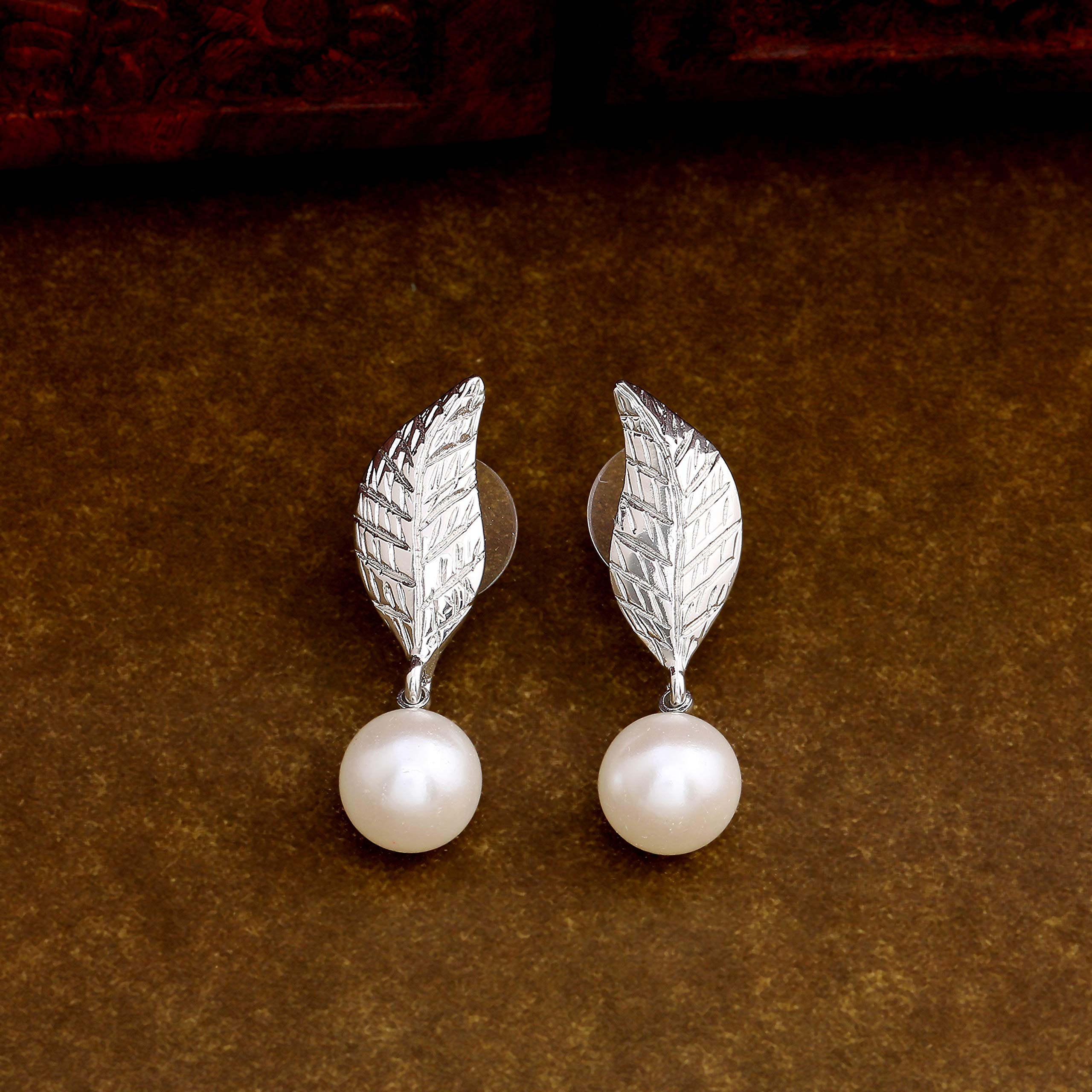 Rhodium Leaf Pearl Drop Earrings