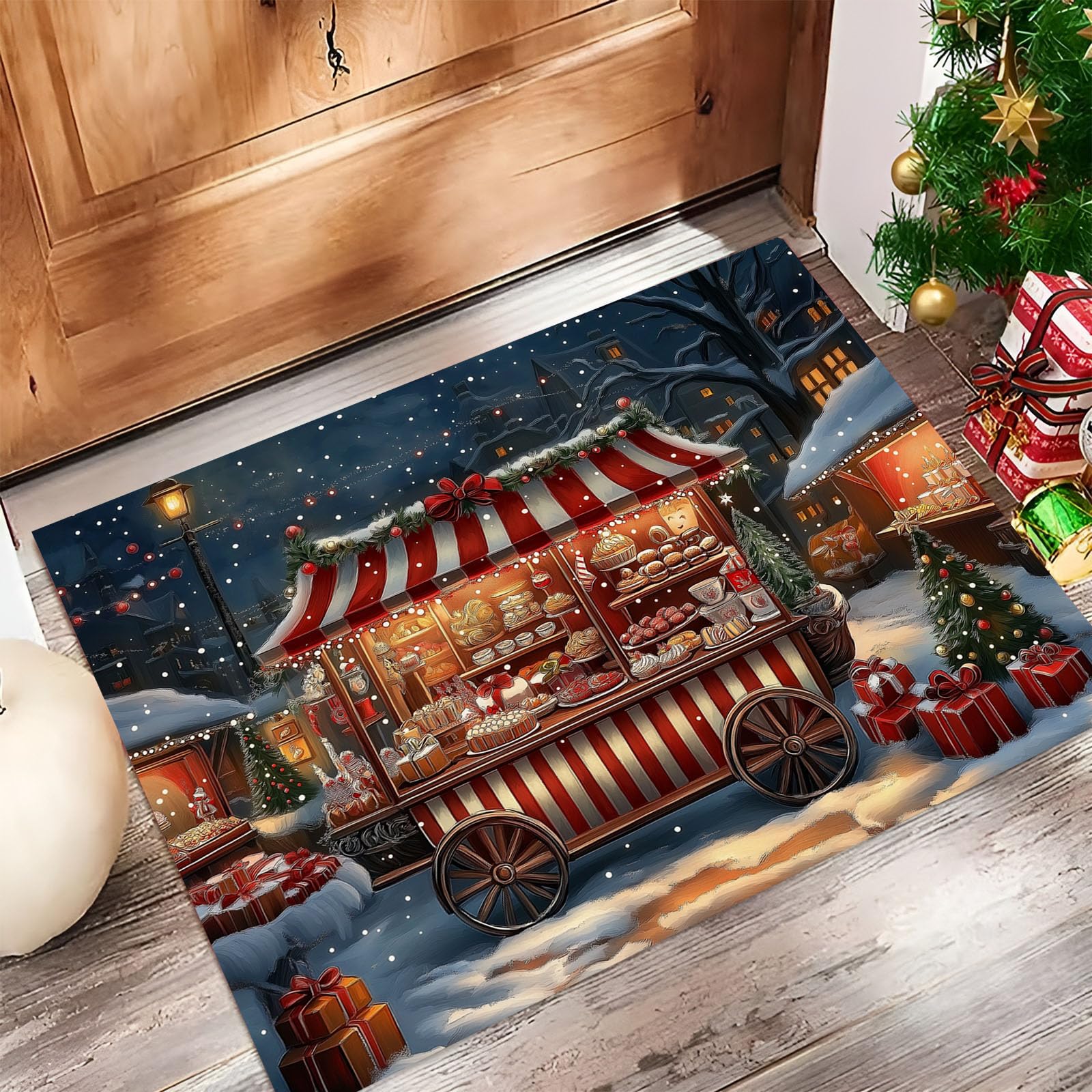 Felpudo de Entrada Casa Cochecito Navideño 60x120cm Alfombra Exterior para Puerta Impermeable, Lavabl Alfombrilla Comida Navideña Antideslizante para Recibidor, Pasillo, Cocina - Rojo
