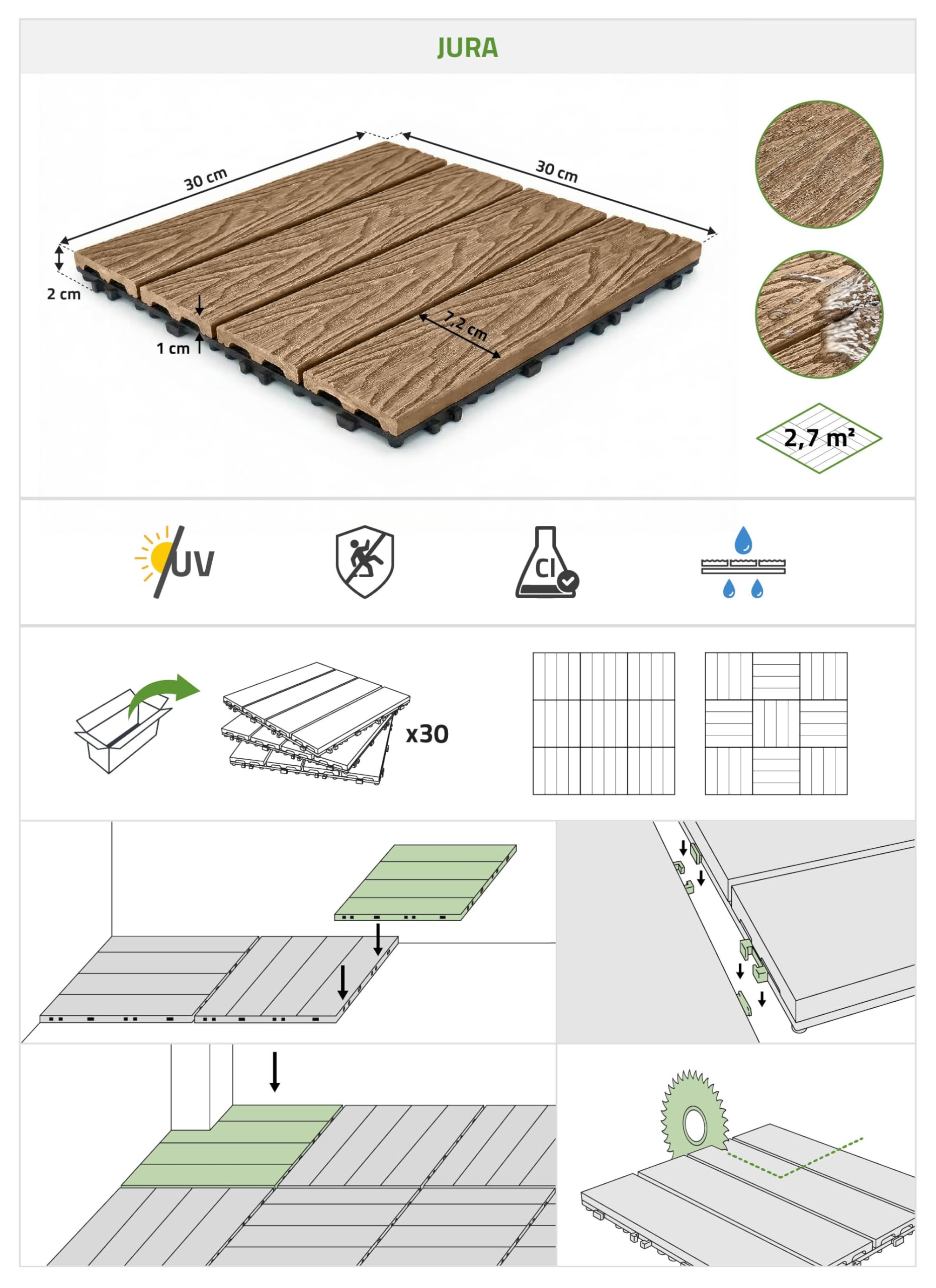 Casanoov Lot de 30 dalles clipsables terrasse en composite JURA teck 30x30cm