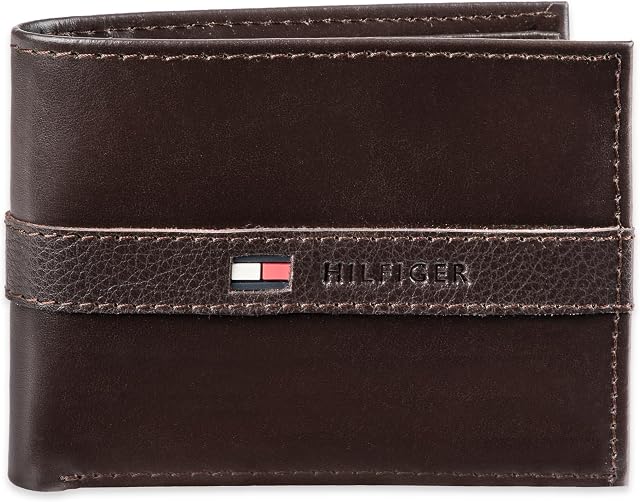 Tommy Hilfiger Portefeuille en cuir pour hommes - Mince Sleek Casual Bifold avec 6 Poches de cartes de crédit et amovibles ID Fenêtre, Brun foncé