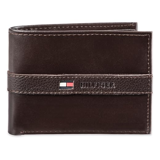 Tommy Hilfiger Carteira masculina de couro genuíno com janela para identidade e vários compartimentos para cartão