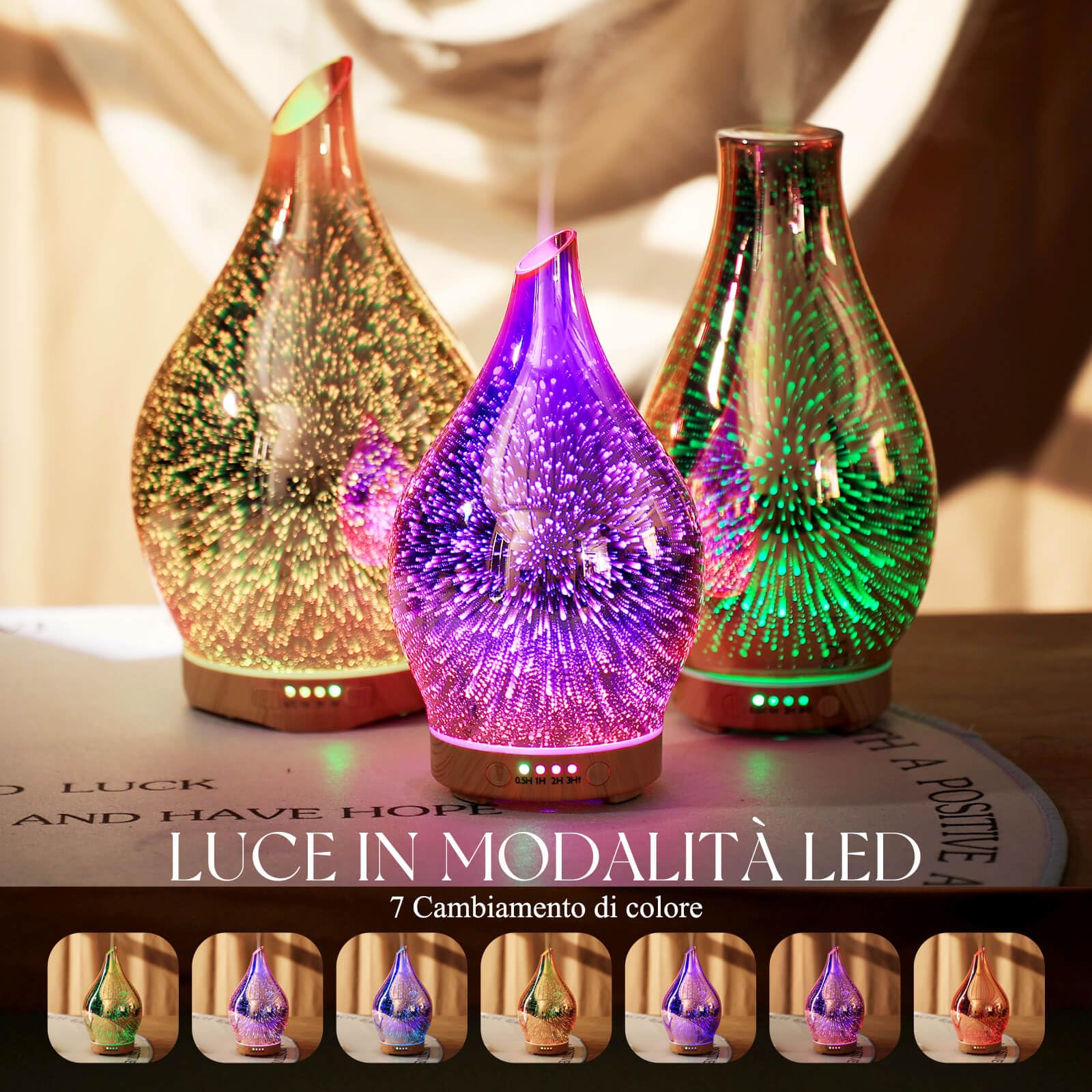 Diffusore Aromi E Umidificatore 100ml Porseme - Ultrasuoni Silenzioso Con 7 LED Colorati E Timer, Design Aladdin Oro Rosa - Foto 10