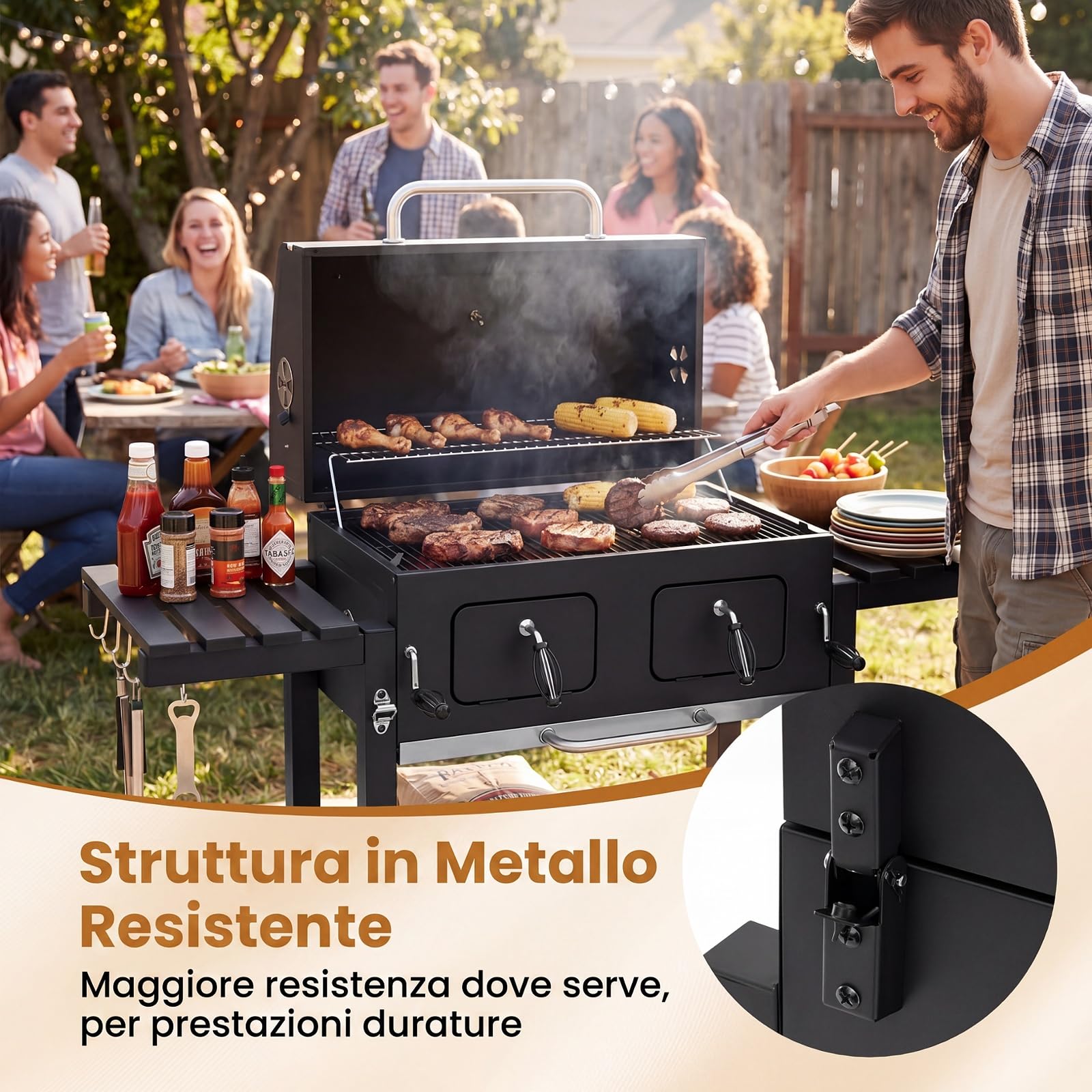 COSTWAY Barbecue a Carbone, Barbecue Portatile Affumicatore con Ruote | Griglia Regolabile in Altezza e Tavolini Laterali,Carrello BBQ da Esterno con Copertura e Termometro per Giardino e Campeggio