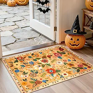 Floral 2x3 Area Rug Machine Washable Soft Print Boho Carpet Non Slip Doormat Low Pile Flower Area Rugs for Living Room Bedroom Nursery Kitchen Dining Room Indoor-Yellow/Orange