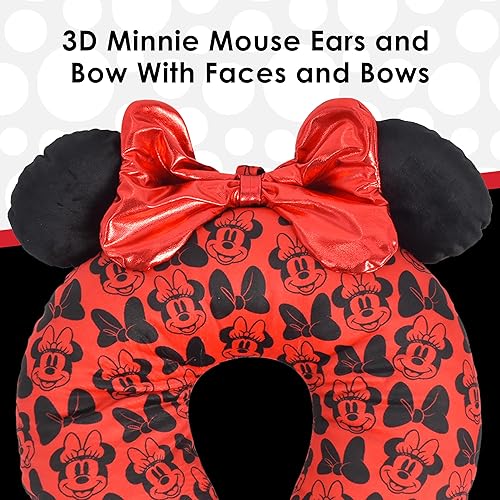 Miniatura 3 de Disney Minnie Mouse - Almohada de viaje para el cuello con orejas 3D y lazo para avión, automóvil y oficina, cómoda y transpirable, rojonegro