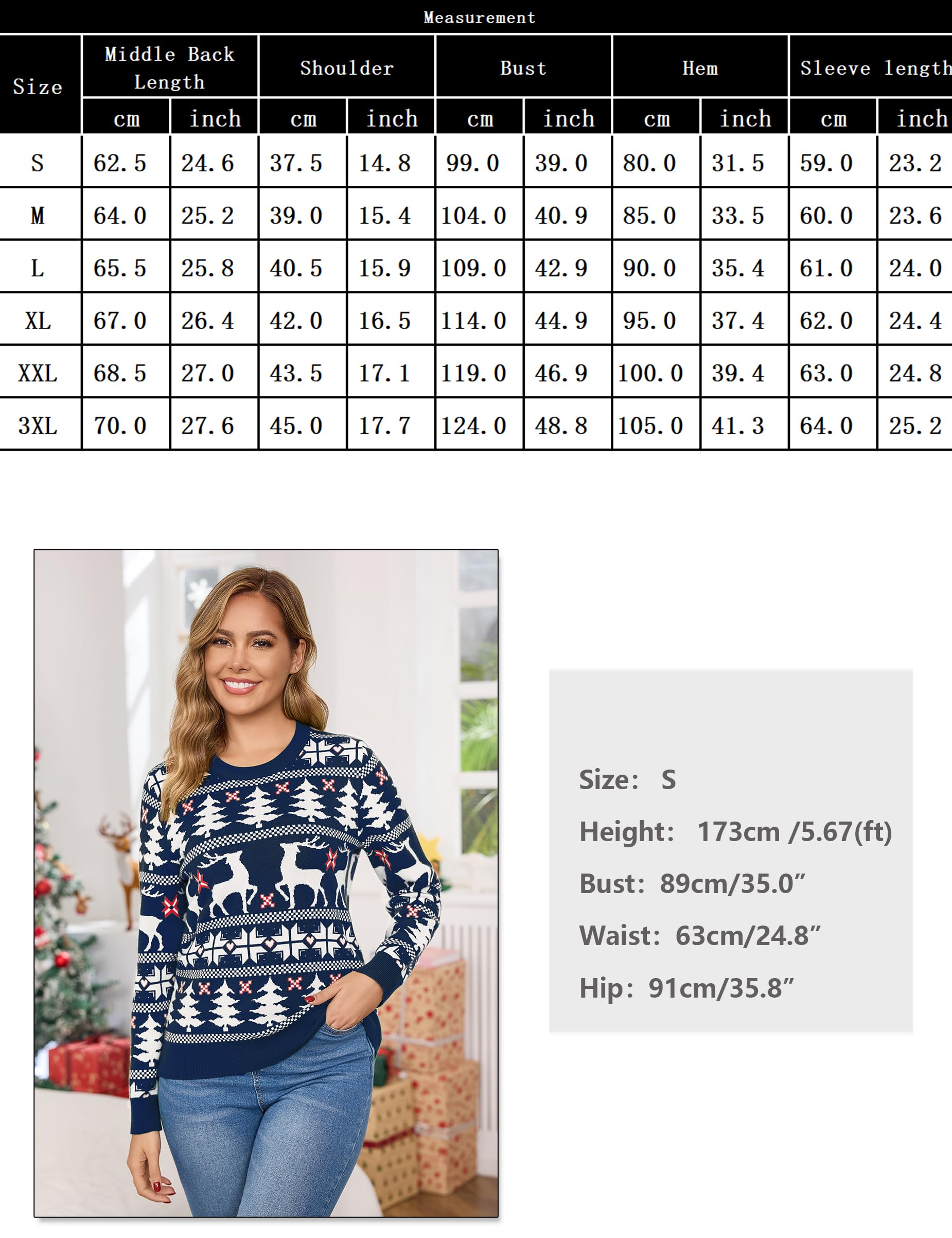 Bresdk Jersey Navideño Mujer Punto Suéter de Navidad Cuello Redondo con Reno Ugly Christmas Sweater Ideal para Fiestas, Fotos, Oficina S-XXL