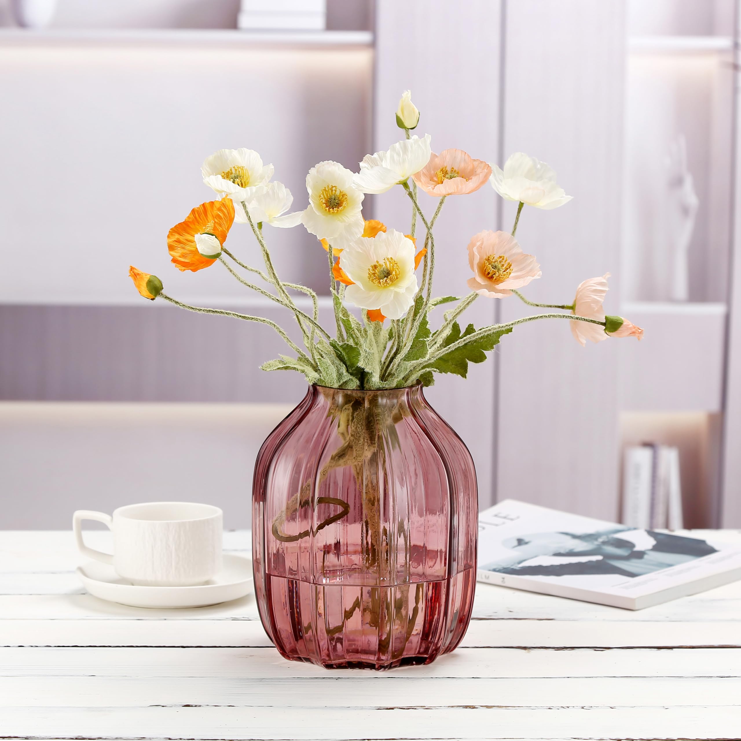 JAKY Global Large Pink Vase Glass Flower Vase H-20cm Tall Glass Vases for Flowers Elegant Home Living Room Decor,Table Centerpiece for Farmhouse and Office(Pink 20cm) - Image 4