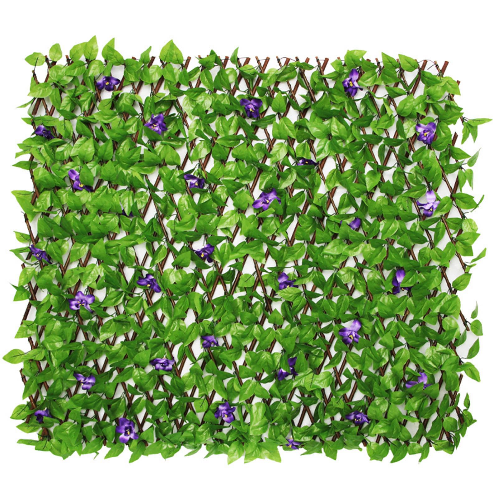 Artificial Ivy and Violet Flower Fence Screening, Expanding Garden Trellis Panels for Balcony Patio Outdoor Privacy, Decorative Faux Ivy Fencing Panel with Willow Wood Frame (1PC)