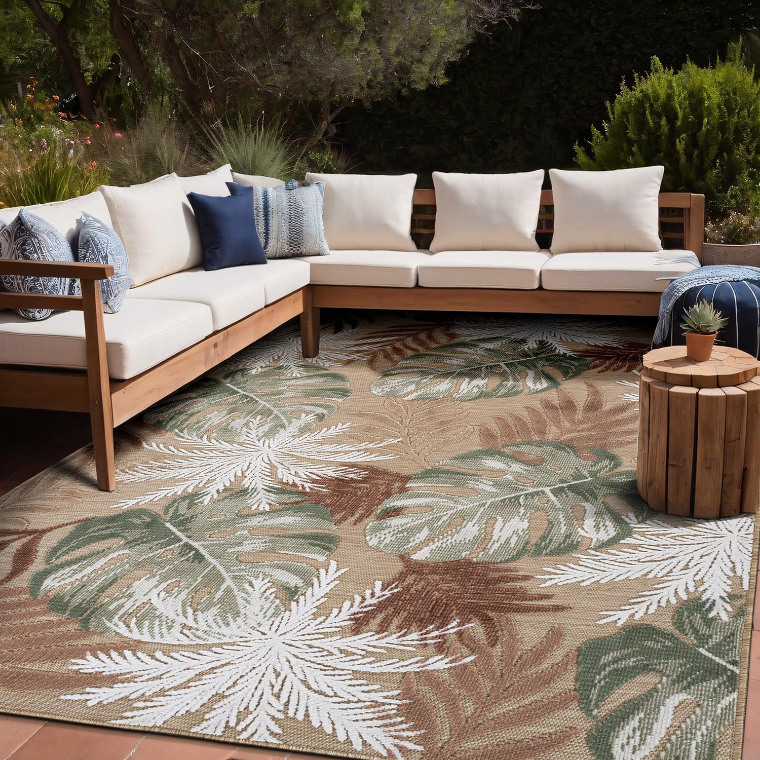 Floral Indoor Outdoor Rugs 9x12 Large Area Rug for Living Room, Patio Decor, Kitchen, and Entryway Rug, Washable Stain Resistant Outside Carpet Beige 9 x 12