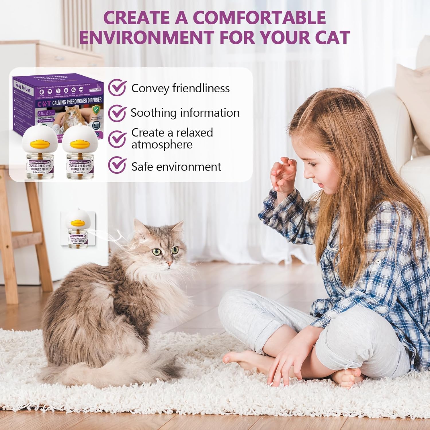 Cat Pheromones Calming Diffuser, Cat Calming Diffuser with 2 Diffusers + 4 Refills, Cat Calming Diffuser Plug in - Relieve Anxiety, 120 Days Starter Kit Long-Lasting Stress Relief for Cats (Purple) - image 4