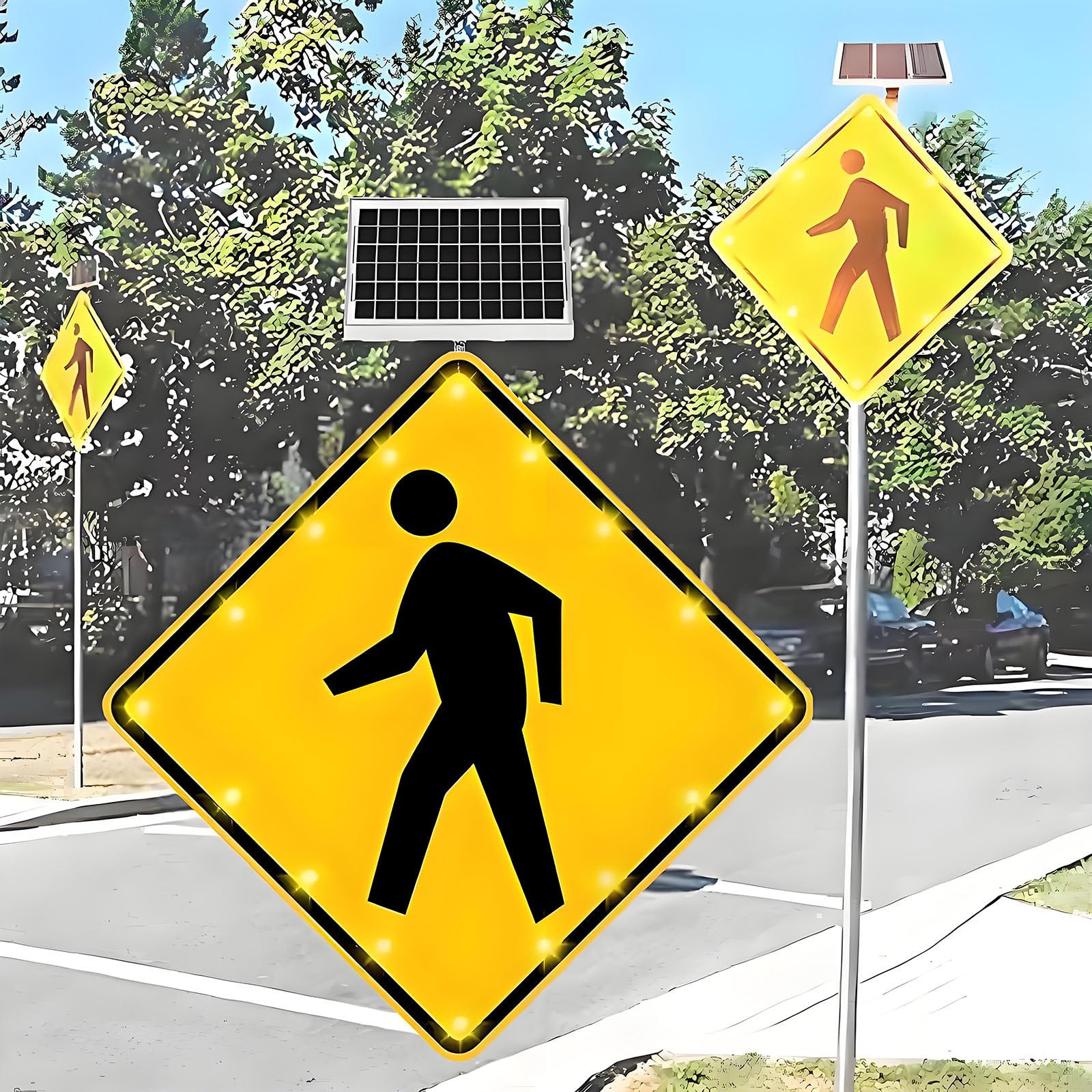 Señal de advertencia de cruce peatonal intermitente con energía solar, LED parpadeante para seguridad vial, marco de aluminio inoxidable