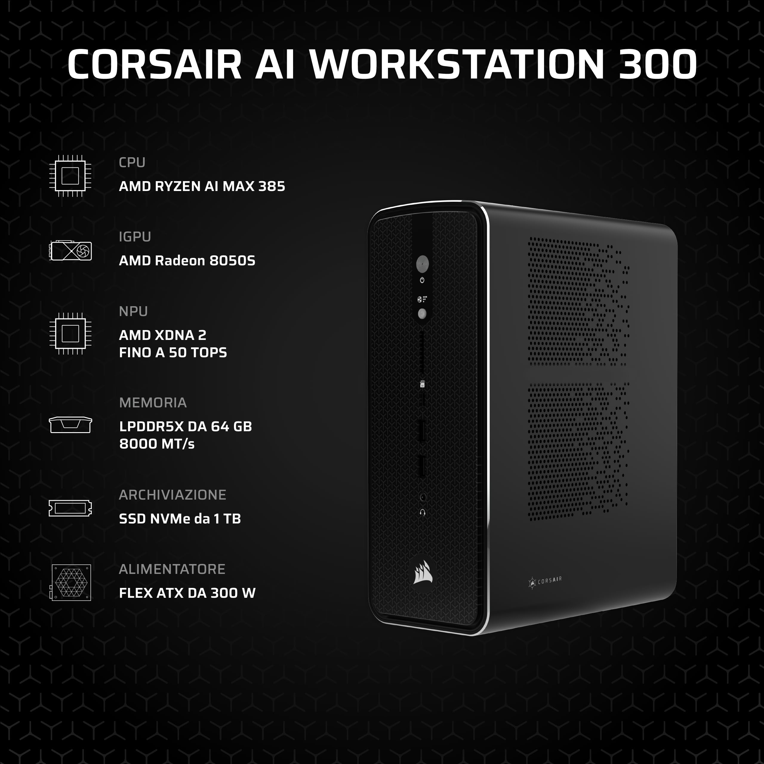 Corsair AI WORKSTATION 300 PC Desktop – CPU AMD Ryzen AI Max 385 – iGPU AMD Radeon 8050S (Fino a 48 GB di vRAM) – 64 GB di Memoria LPDDR5X 8000MHz – 1TB di SSD M.2 – Nero