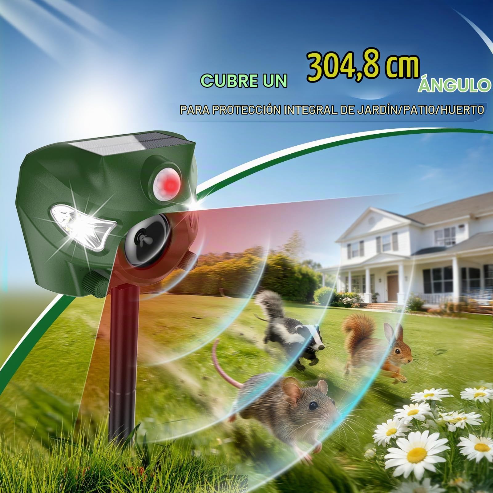 Repelente Gatos, 5 Modos Ahuyentador Gatos para Jardines, 26 Pies Ahuyentador Gatos con Alarma y Luces Intermitentes, para Perros, Ciervo, Zorro, Pájaro, Conejo, Ardilla