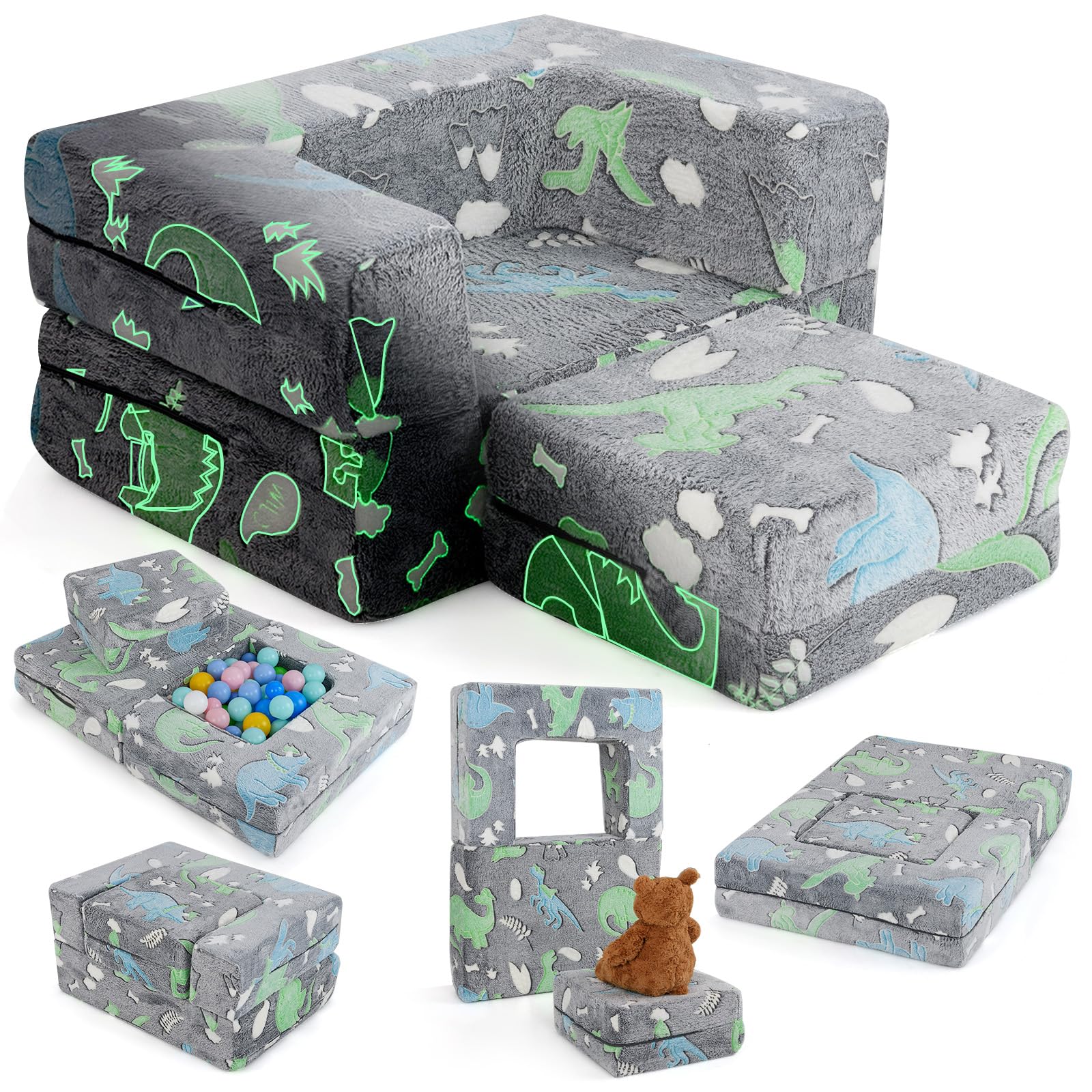 COSTWAY Kids Play Sofa, Glow in The Dark Modular Toddler Couch Chair with Machine Washable Cover, Fold Out Convertible Children Foam Sofa for Playroom Bedroom (Grey Dinosaur)