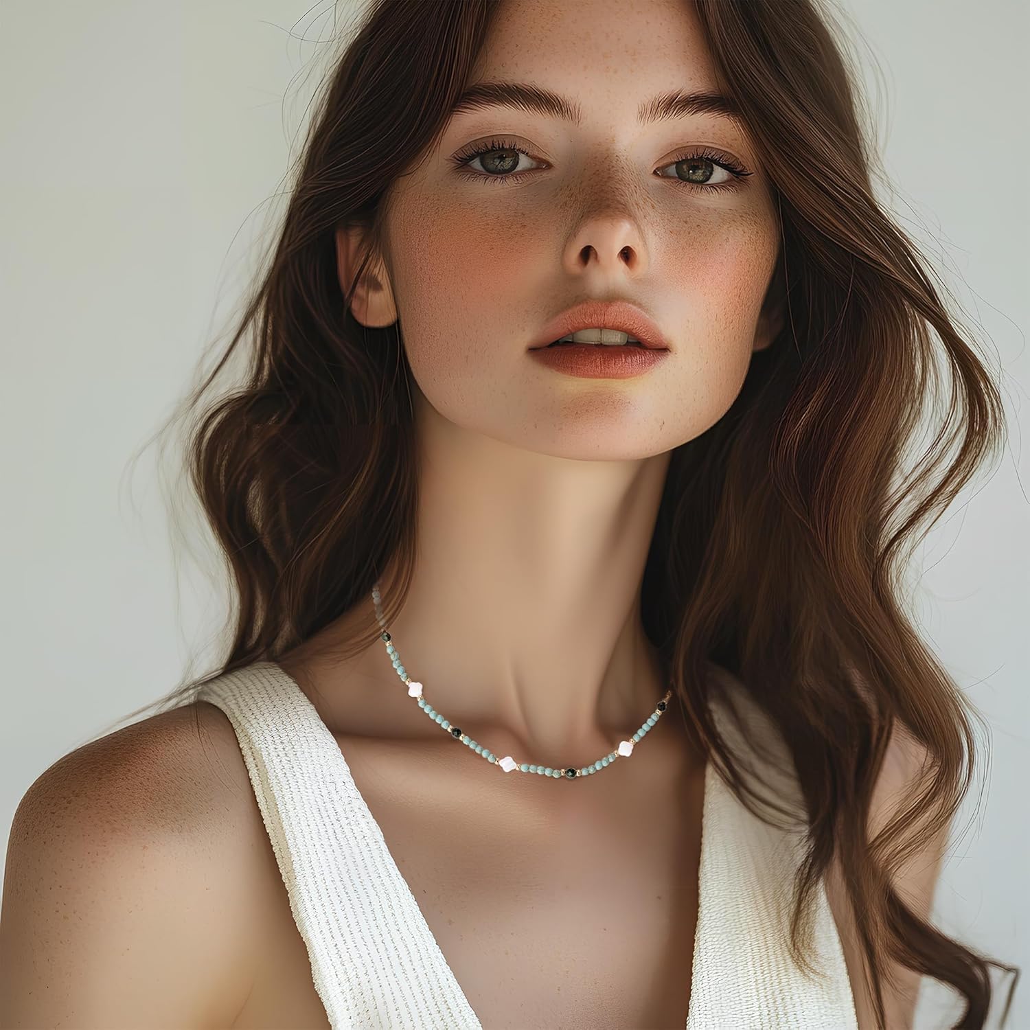 Turquoise Beaded Choker Necklace for Women Natural Gemstone Sea Shell Clover Dainty Gold Boho Necklaces Jewelry for Summer Beach - Image 2