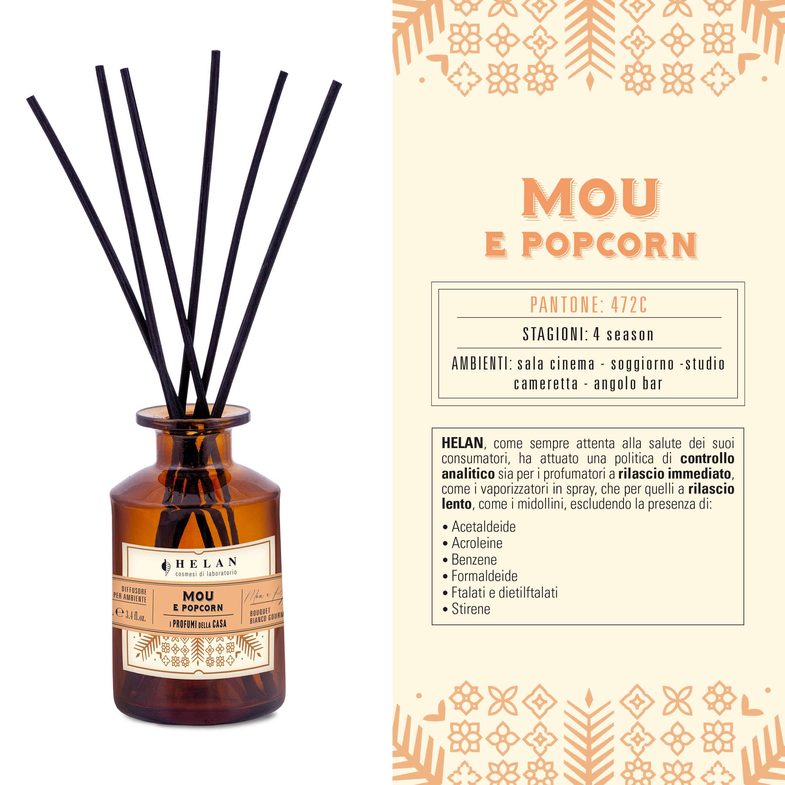 Helan Mou e Popcorn - Profumatore per Ambienti, Profumo Ambiente con Bastoncini per Diffusori con Latte Condensato, Mandorla, Pesca, Idee Regalo Deodorante e Profumatori Ambiente 100 ml, Made in Italy