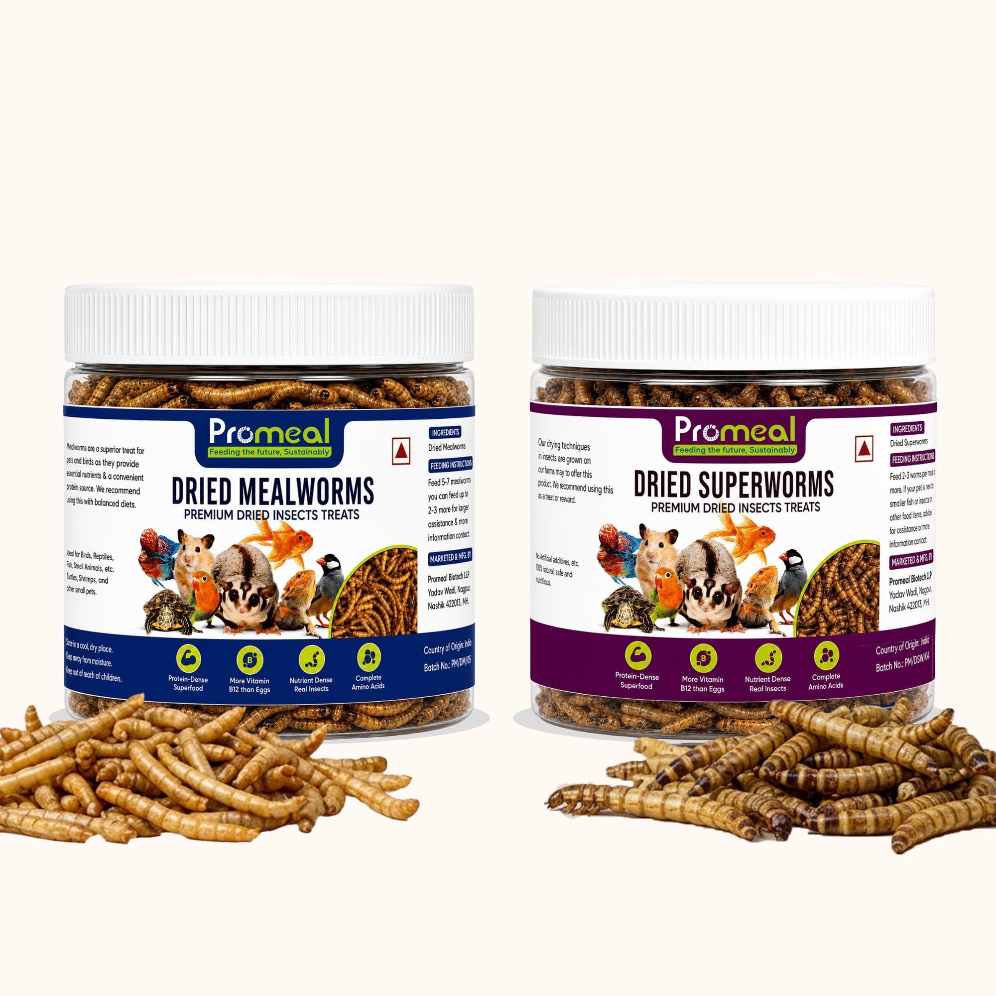 Promeal's Dried Combo Pack - Mealworms + Superworms | Treat Food for Aquarium Fishes Like Flowerhorn, Arowana, and Birds, Finches, Reptiles, Monkeys and Other Pets