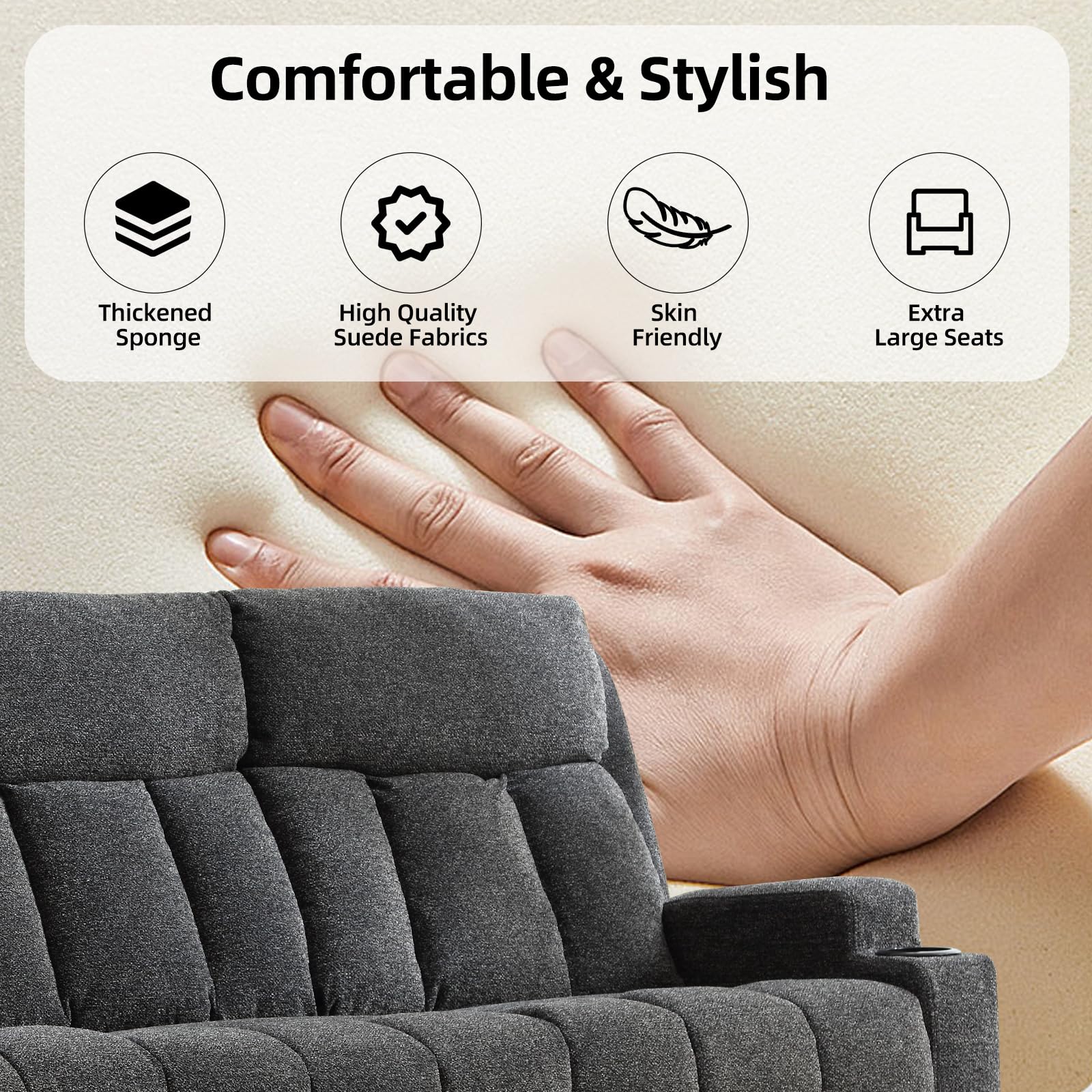 CANMOV Manual Recliner Sofa Set, Fabric Recliner Living Room Furniture Sets, 1 Seat Reclining Chair and a Loveseat Furniture Set with Side Pockets and Cup Holders, Dark Grey view 7