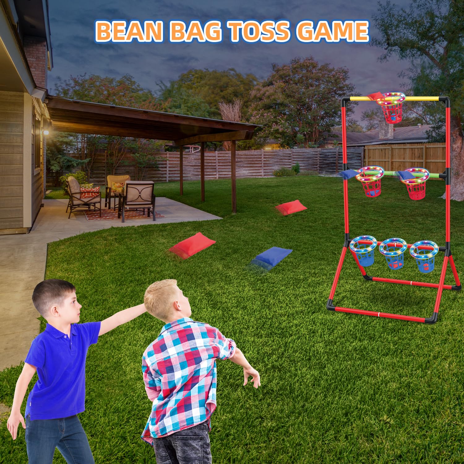 Gartenspiele für Kinder Erwachsene - 3-In-1 leitergolf, Gartenpong mit 6 leuchtenden Körben, Sitzsack Wurfspiel - Wurfspiel Outdoor für Familienfeiern