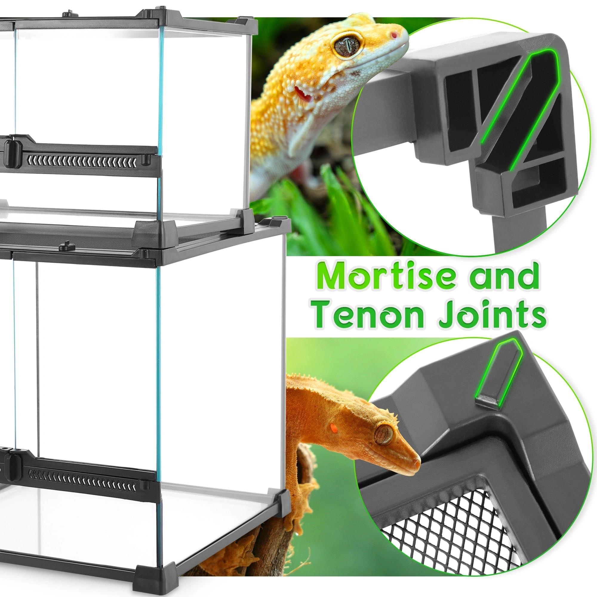 Terrario de vidrio profesional de 12 x 8 x 8 pulgadas, tanque de hábitat duradero para reptiles con marco de aleación de aluminio resistente al calor, puertas giratorias frontales dobles