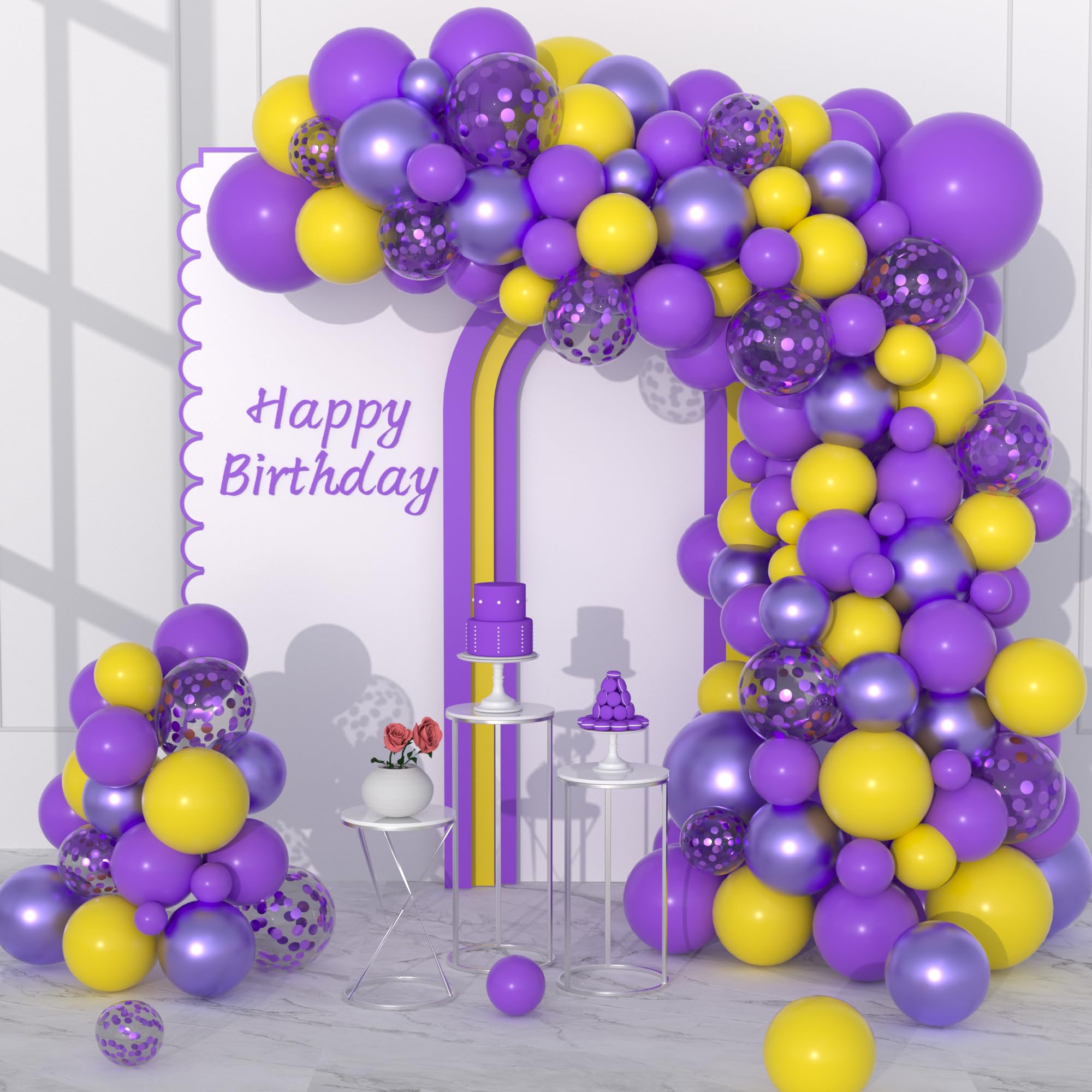 Purple and Yellow Balloon Garland Arch Kit, 122PCS Yellow Lavender Metallic Purple Confetti Balloons Balloons for Birthday Wedding Anniversary