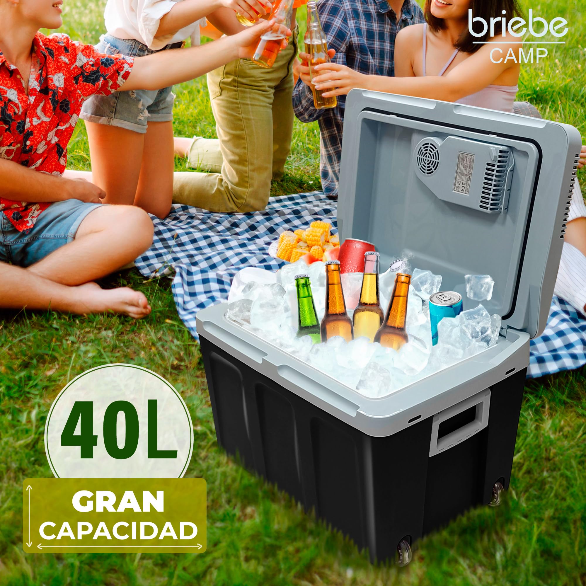briebe Nevera Portátil Eléctrica de Viaje para Coche, Camping, 12V / 220V, Capacidad 40 L, Ruedas, Refrigera, Mantiene el Calor, Modo Bajo Consumo