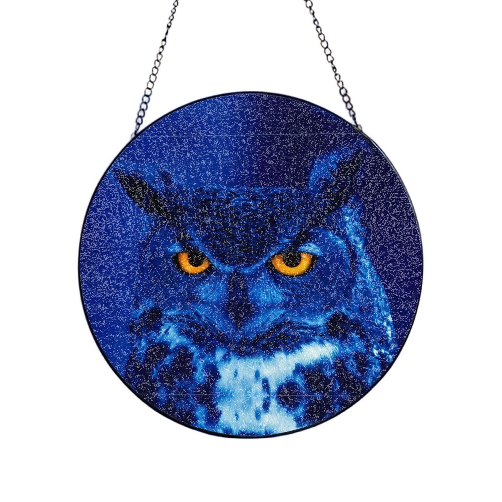 Phayah Blue Owl Print Glass Window Hanging Sun Catchers Suncatcher Decor For Birthday For Home Garden Porch 12in（30cm）