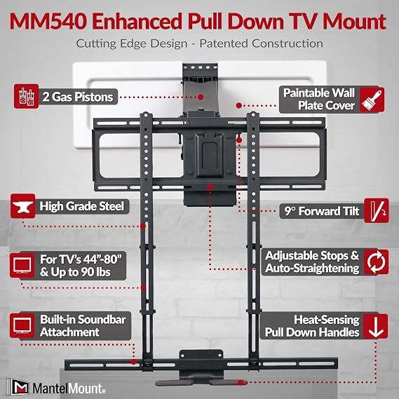 MantelMount MM540 - Above Fireplace Pull Down TV Mount for 44 to 80 Screen TVs to 90 lbs, with Patented auto-straightening, Adjustable Stops, Heat Sensor Handles & Paintable Covers