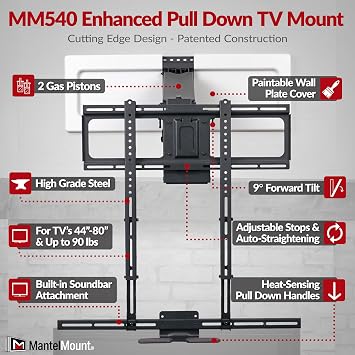 MantelMount MM540 - Above Fireplace Pull Down TV Mount for 44 to 80 Screen TVs to 90 lbs, with Patented auto-straightening, Adjustable Stops, Heat Sensor Handles & Paintable Covers