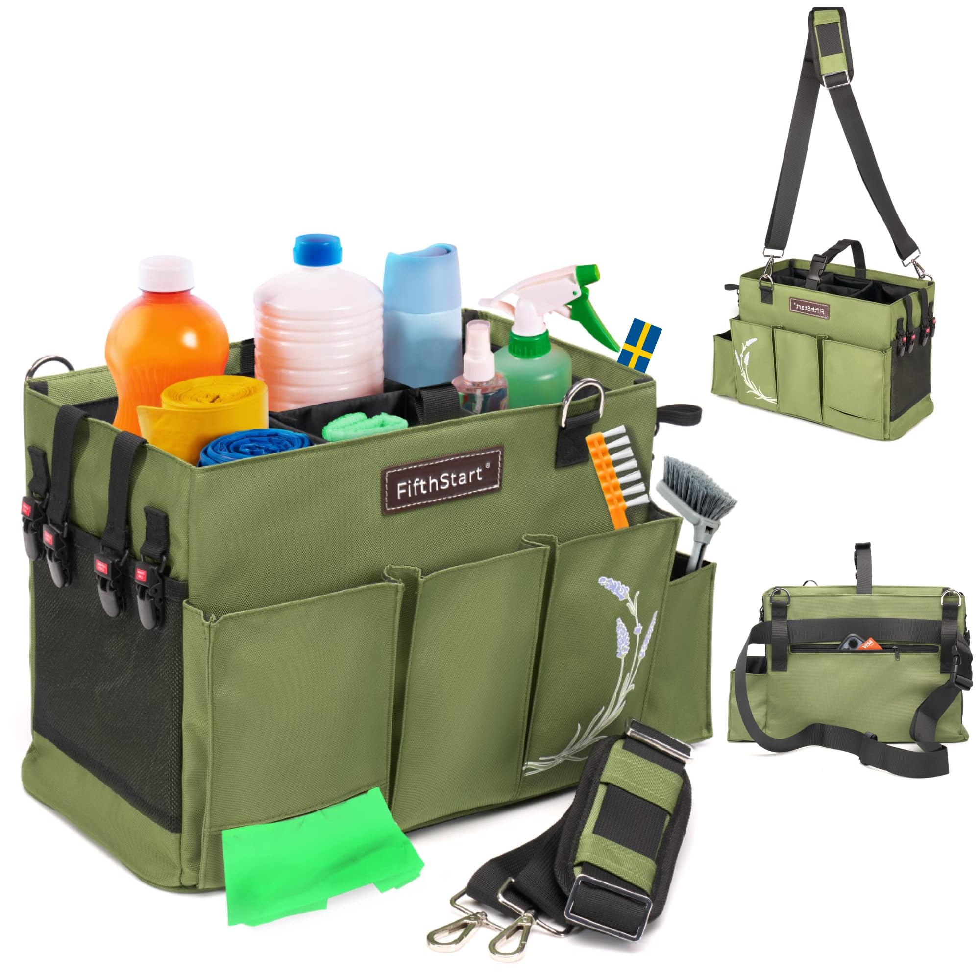 Chariot De Nettoyage Portable FifthStart Avec Poignée Et Bandoulière - Organisateur 9 Compartiments Beige Grand Modèle