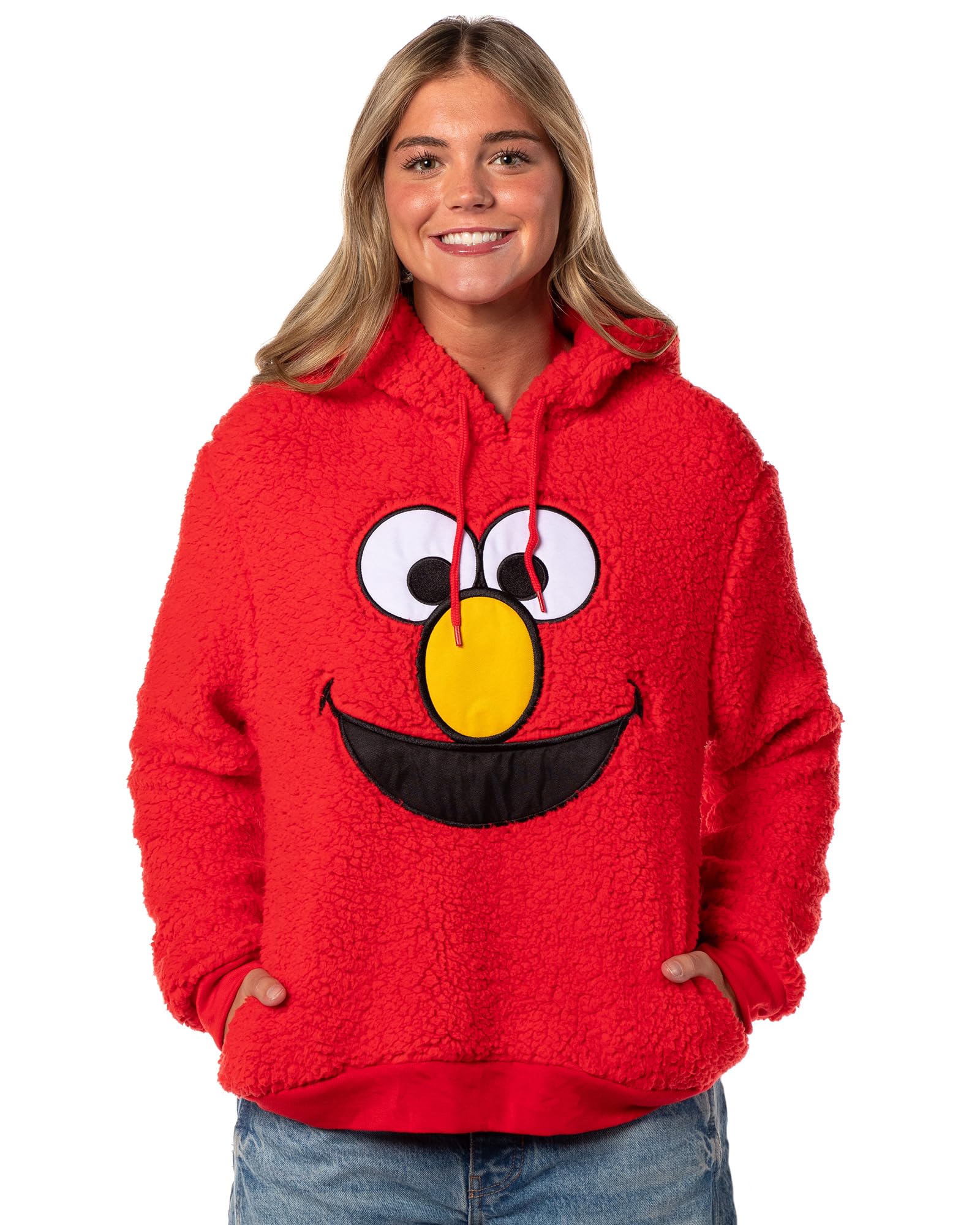 Sesame Street Elmo - Sudadera con capucha para mujer, parche bordado de cara grande, forro polar de felpa, manga larga, disfraz de adulto