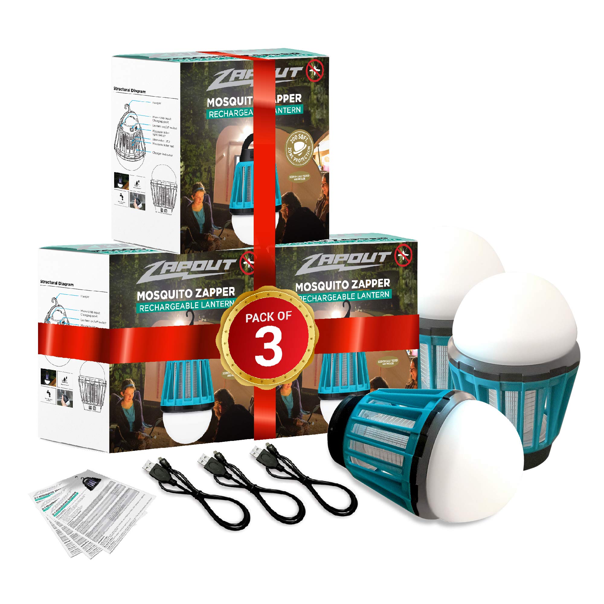 3- Pack Camping Lantern Bug Buster Bulb Zapper Tent Light Portable Led and Emergency Lamp with Waterproof Mosquito Fly Trap USB 2000mAh Rechargeable Battery for Outdoor (Aqua)