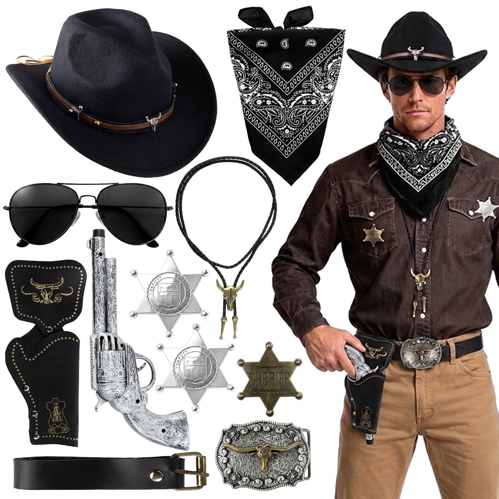 11PCS Accessories Cowboy Outfit Mens Black Costume Cowboy Hat Western