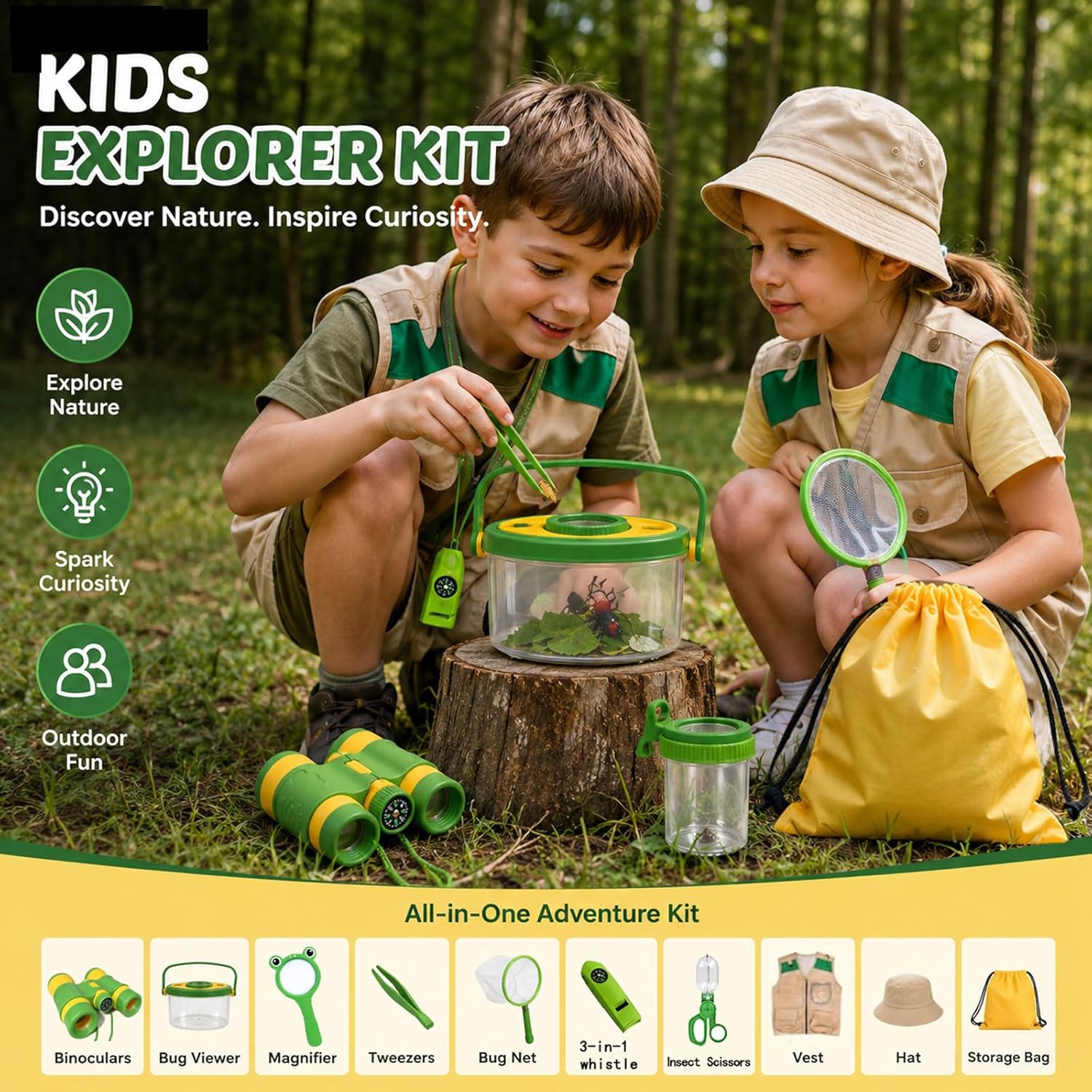 Kids Explorer Kit & Bug Catcher Kit, 23 Pcs Outdoor Adventure Set with Vest & Hat, Binoculars, 12 Insect Figures,Camping Hiking Toys Gift for Boys Girls Age 3-8