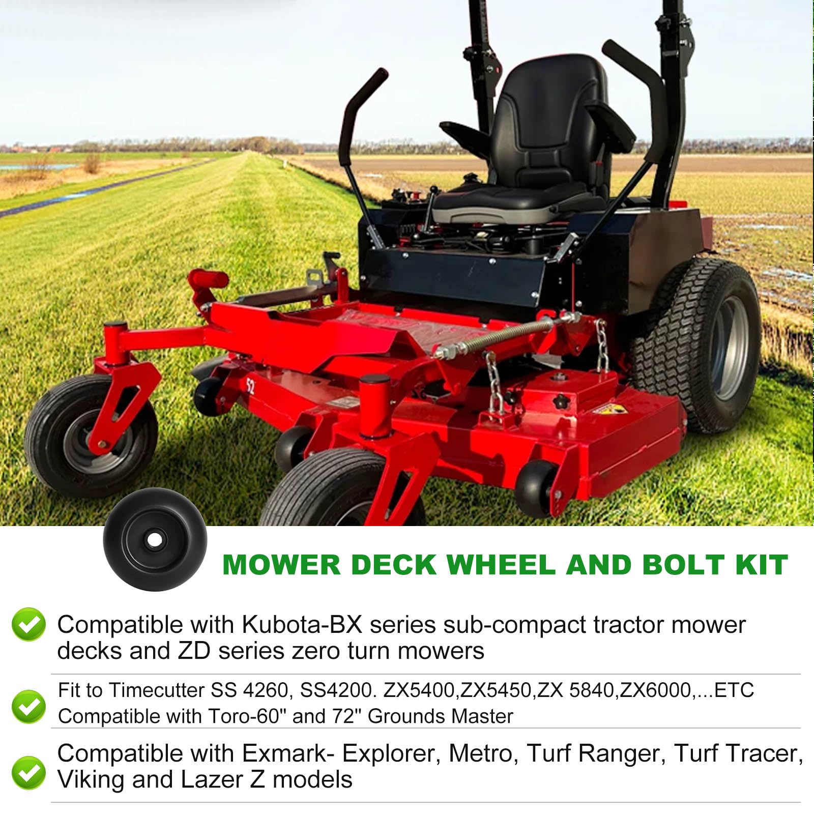 Paquete de 6 kits de rueda y pernos para cortacésped anticuero cabelludo 103-3168 reemplazados para Exmark Toro 103-7263 103-4051, Bad Boy 022-5234-98 022-1000-00, Kubota K5351-42110 K537110 -42111 0.