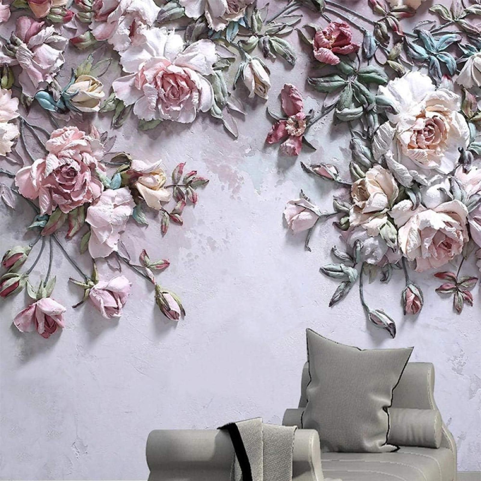 Xlming 350Cm×256Cm(B×H) Three Dimensional Relief Beautiful Pink Roses Plants 3D Wallpaper Silky Texture Home Study Office Grey Dining Room Sofa Bedroom Living Room Tv Backdrop-350Cm×256Cm