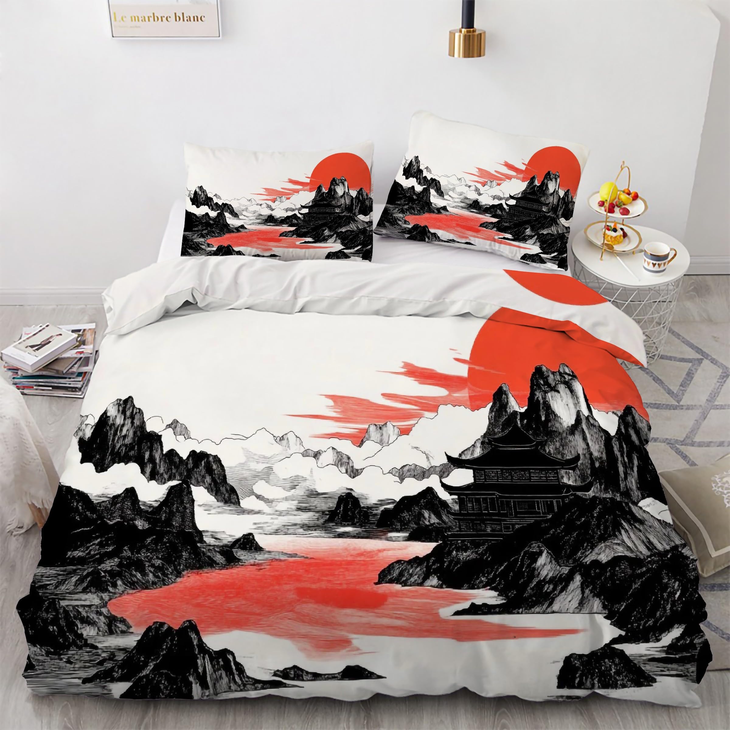Housse couette paysage soleil levant rouge pour une chambre parentale zen