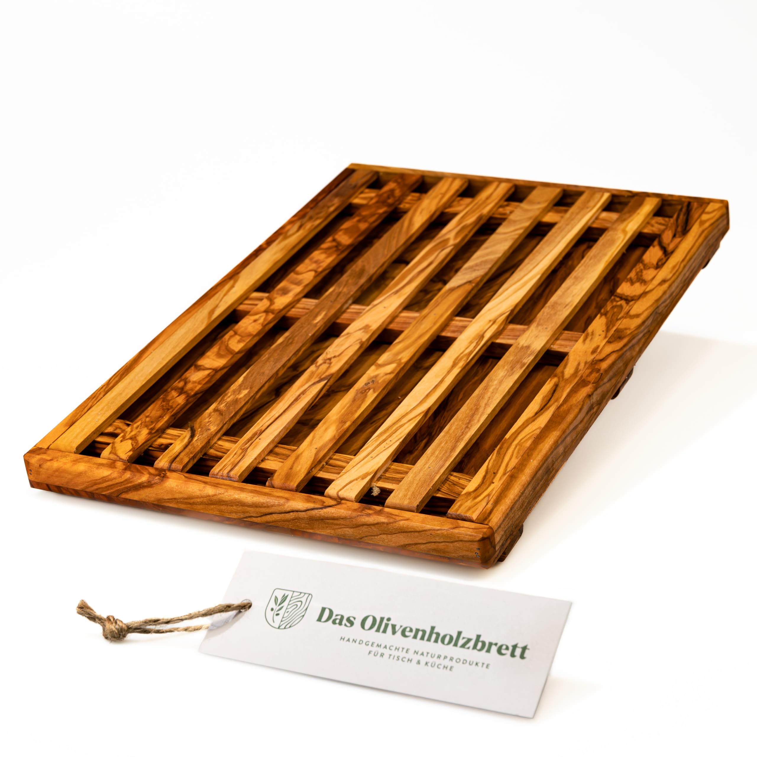 DAS OLIVENHOLZBRETT® Brotschneidebrett/Brotbrett mit Auffangbehälter/Krümmelrost 35cm x25cm | mit Auffangbehälter, für eine krümelfreie Küche, leicht zu reinigen, aus hochwertigem Olivenholz!