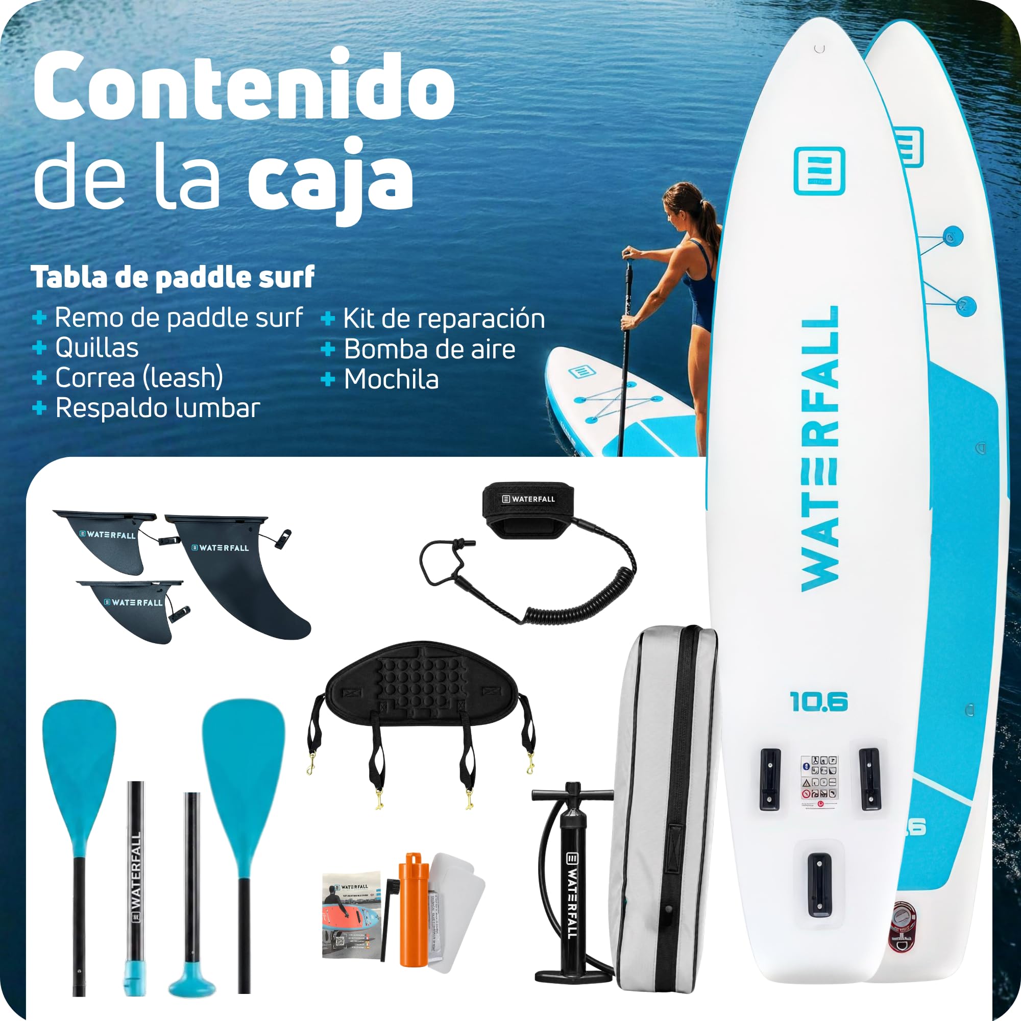 Waterfall Tabla Paddle Surf Hinchable Touring 10.6, Stand Up Paddle Board Sup Travesía Adultos, Jóvenes, Kit Accesorios, Remo, Mochila, Preinstalación Asiento Kayak, Estable, Ligera, 320x81x15cm