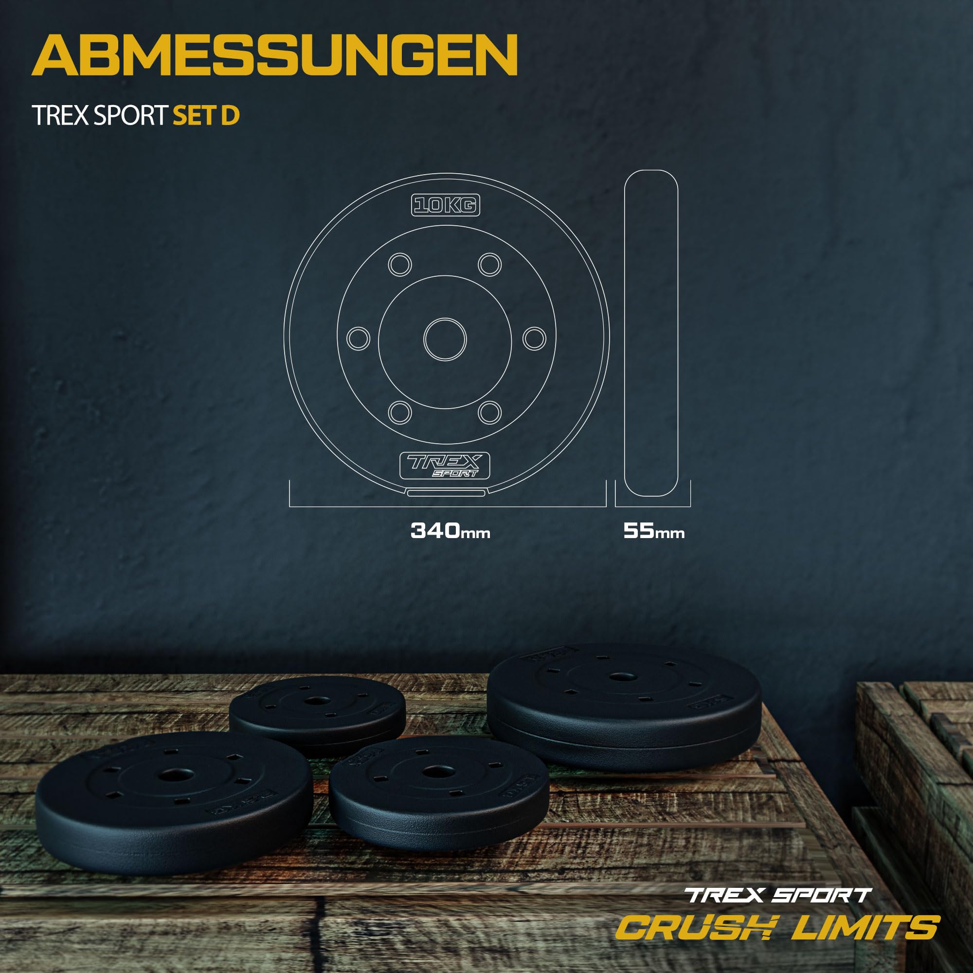 TREX SPORT Hantelscheiben Set 20 kg | Kunststoff Gewichte 2x10 kg 27 mm | Abgeschrägte Kante, Sand-Zement-Füllung, für Langhantel, Gewichtsscheiben für Krafttraining und Fitness zuhause