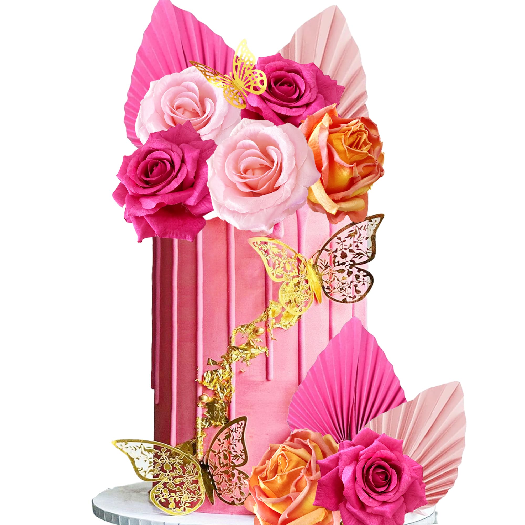 Boho Cake Topper Flower Palm Leaves Cake Decorations for Bohemian Wedding Baby Shower Birthday Party Supplies (Hot Pink)
