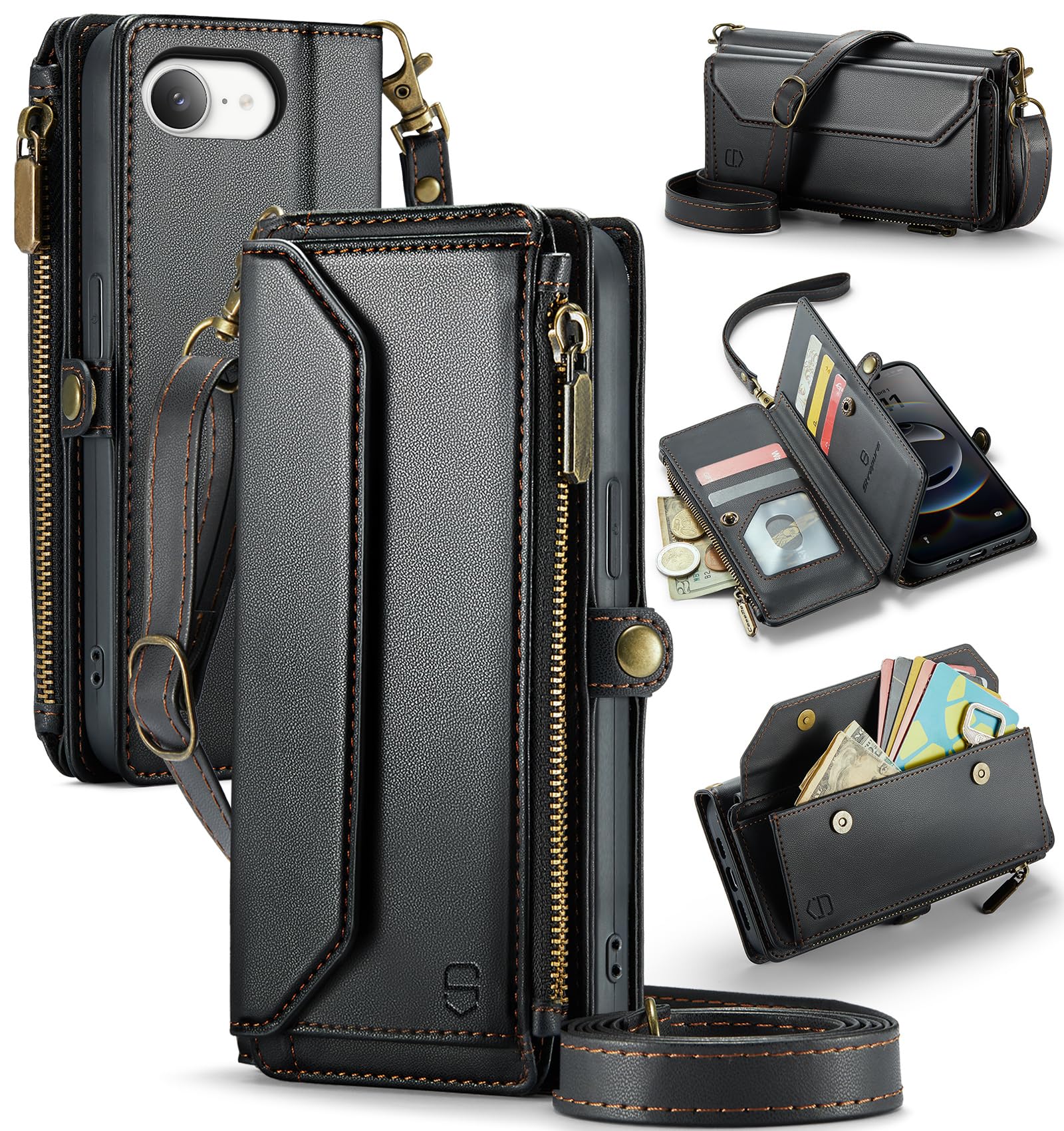 Strapurs Crossbody Wallet Case Compatible with iPhone 17e / iPhone 16e RFID Blocking 7-Card Holder PU Leather Magnetic Snap Shoulder Strap Zipper