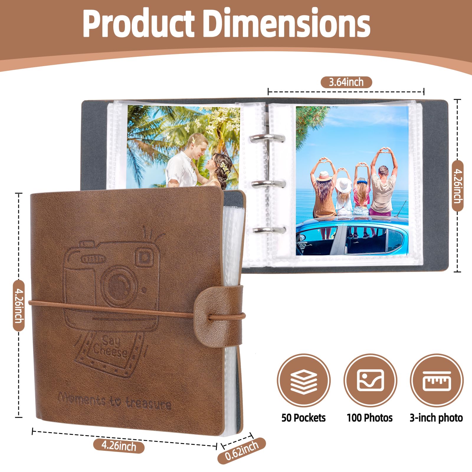 Álbum de fotos pequeño, mini álbumes de fotos de 2 x 3 pulgadas para fotos de tamaño cartera Polaroid, libro de fotos portátil de bolsillo de piel sintética para 100 fotos, regalo para mujeres, mamá y