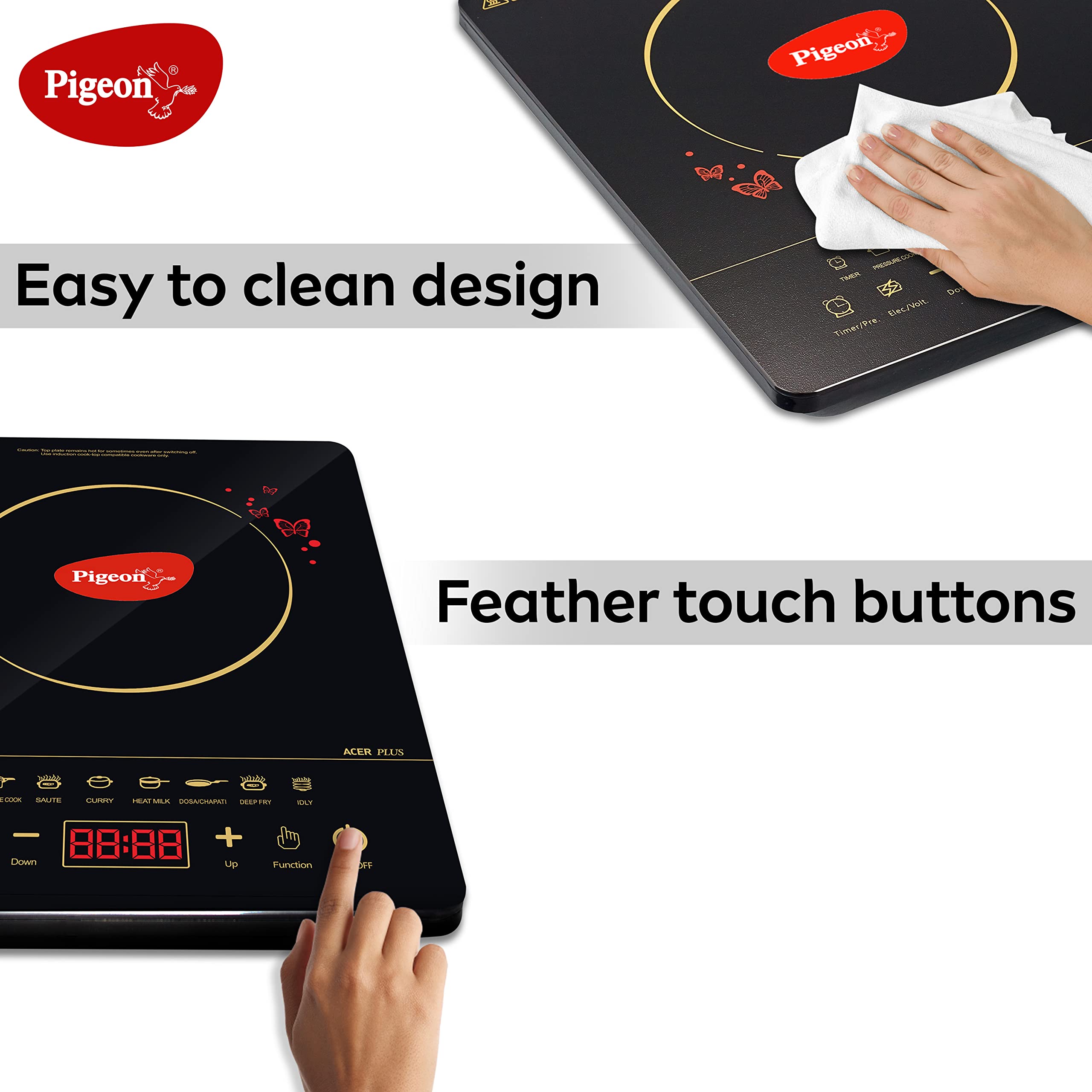 Pigeon By Stovekraft 14429 Acer Plus 1800 Watt Induction Cooktop with  Feather Touch Control, Induction Stove comes with 8 Preset Menus and  Auto-Shut Off features (Black) : Amazon.in: Home u0026 Kitchen